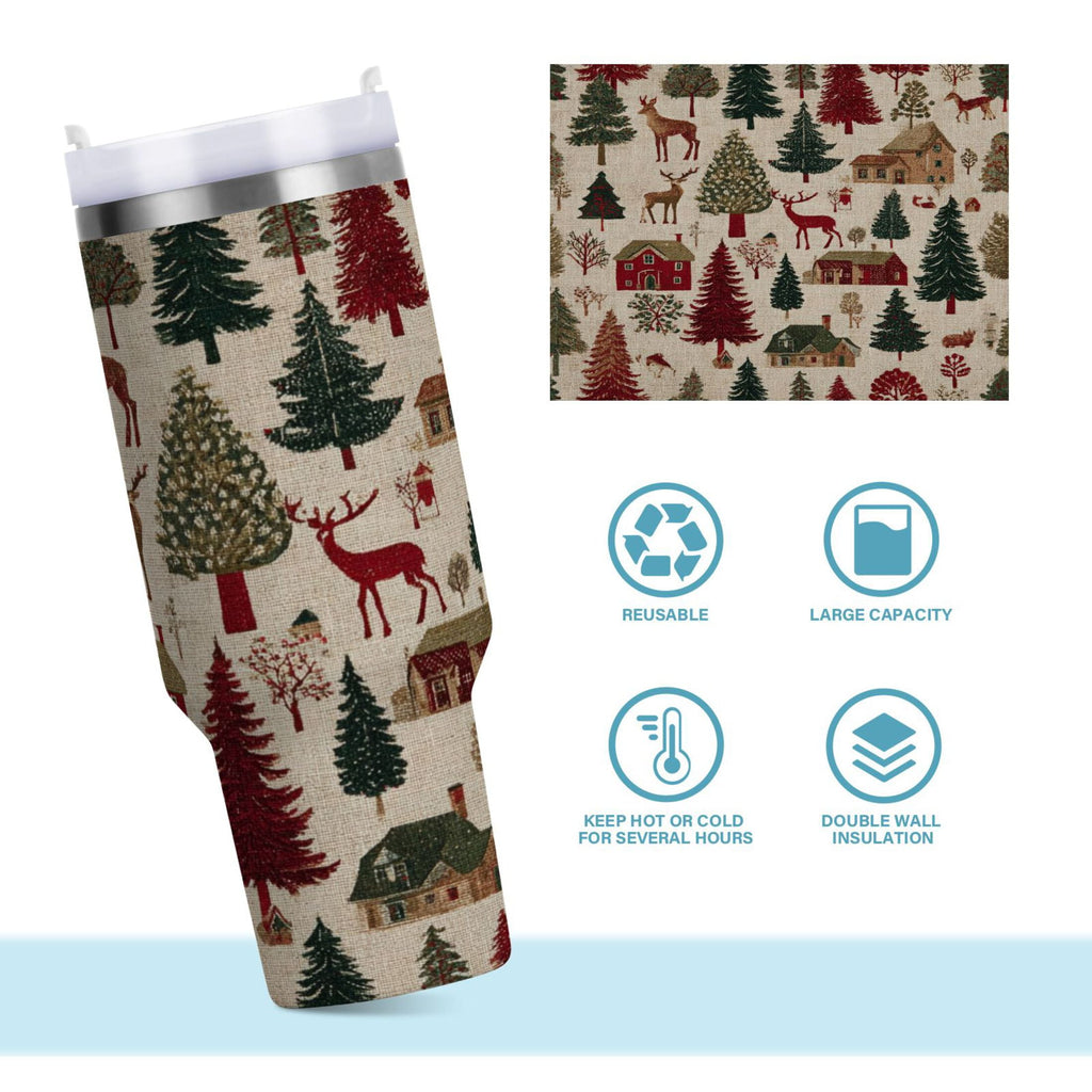 30 oz Insulated Stainless Steel Tumbler Double Wall Stainless Steel Tumbler with 2-Way Drinking Christmas Trees Deer and Houses X0JT