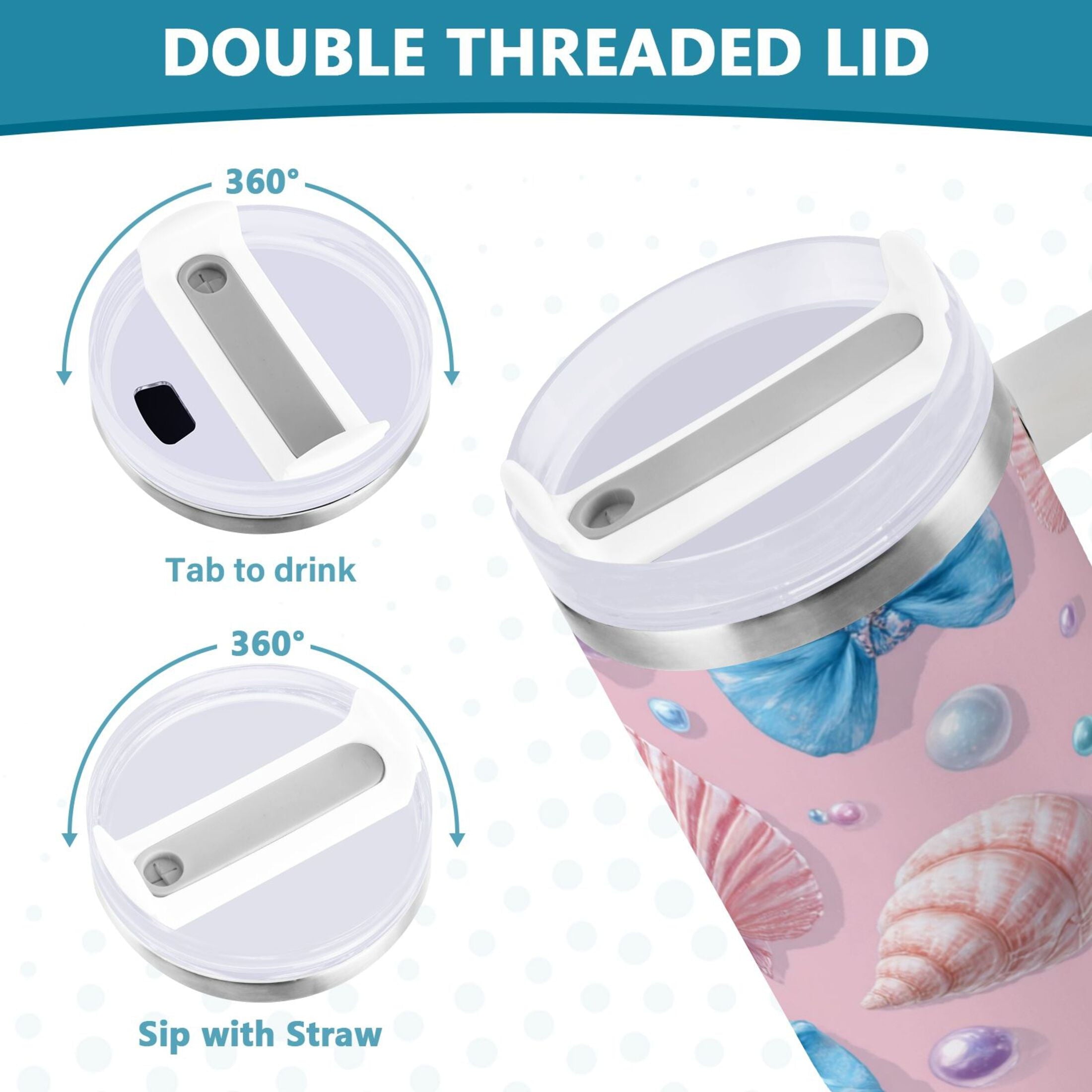 30 oz Insulated Stainless Steel Tumbler Double Wall Stainless Steel Tumbler with 2-Way Drinking Seashells and Bows N4ZL