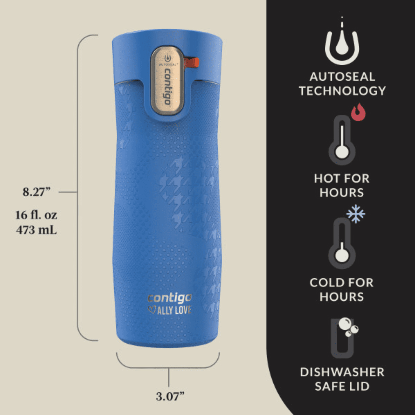 Contigo x Ally Love Autoseal West Loop Vacuum-Insulated Stainless Steel Travel Mug with Easy-Clean Lid, 16 oz, Stellar Jay I2FN