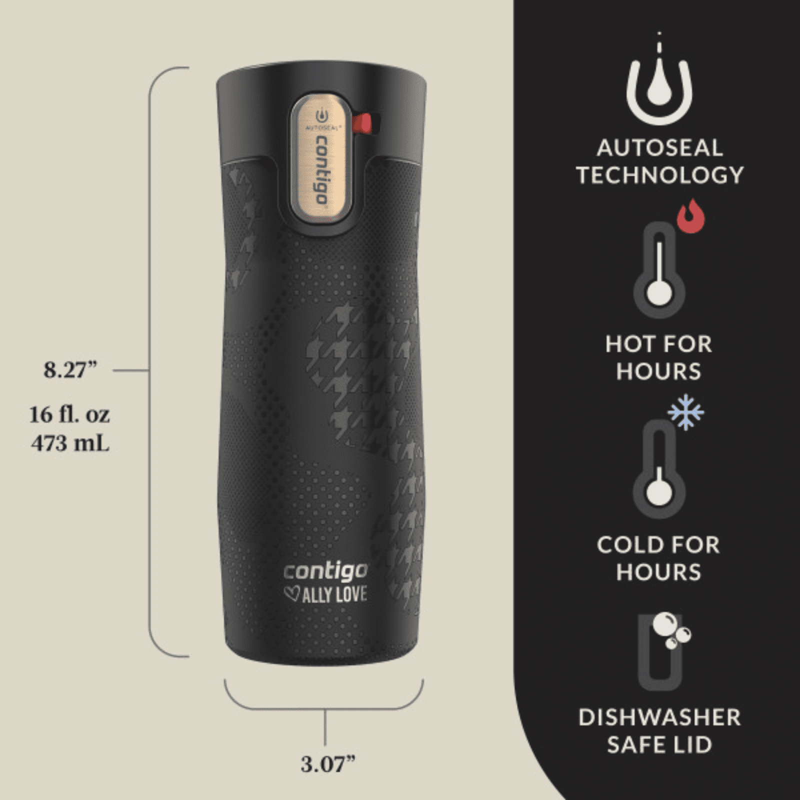Contigo x Ally Love Autoseal West Loop Vacuum-Insulated Stainless Steel Travel Mug with Easy-Clean Lid, 16 oz, Stellar Jay I2FN