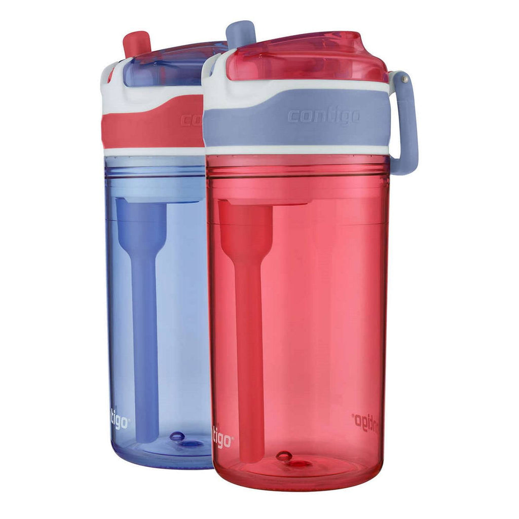 Contigo Kids 2-in-1 Snack Hero Tumbler Featuring 4oz Snack Holder Stacked on Top of 13oz Water Bottle - BPA Free, Durable Tritan w/Flexible Carry Handle &amp; Spill-Proof Valve, Purple &amp; Pink – 2 Pack 4PFY