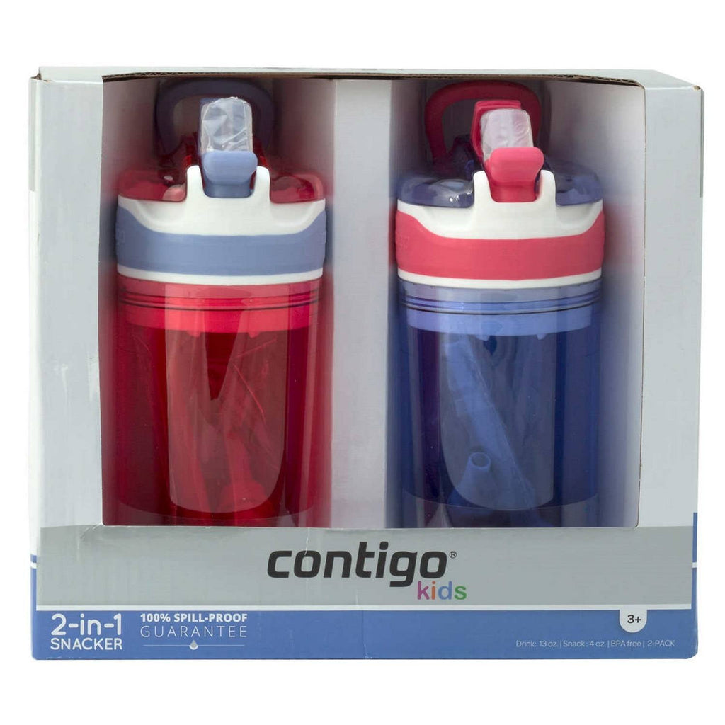 Contigo Kids 2-in-1 Snack Hero Tumbler Featuring 4oz Snack Holder Stacked on Top of 13oz Water Bottle - BPA Free, Durable Tritan w/Flexible Carry Handle &amp; Spill-Proof Valve, Purple &amp; Pink – 2 Pack 4PFY