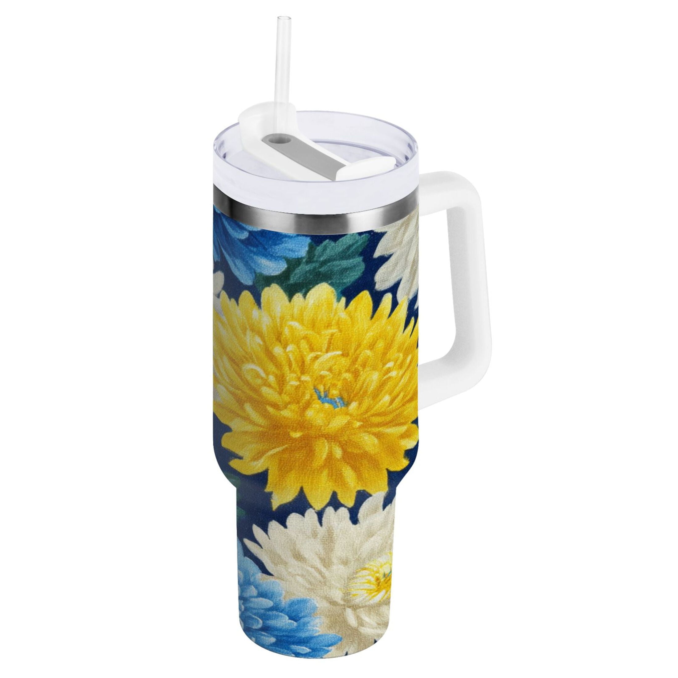 30 oz Insulated Stainless Steel Tumbler Double Wall Stainless Steel Tumbler with 2-Way Drinking Yellow and White Chrysanthemum GFLI