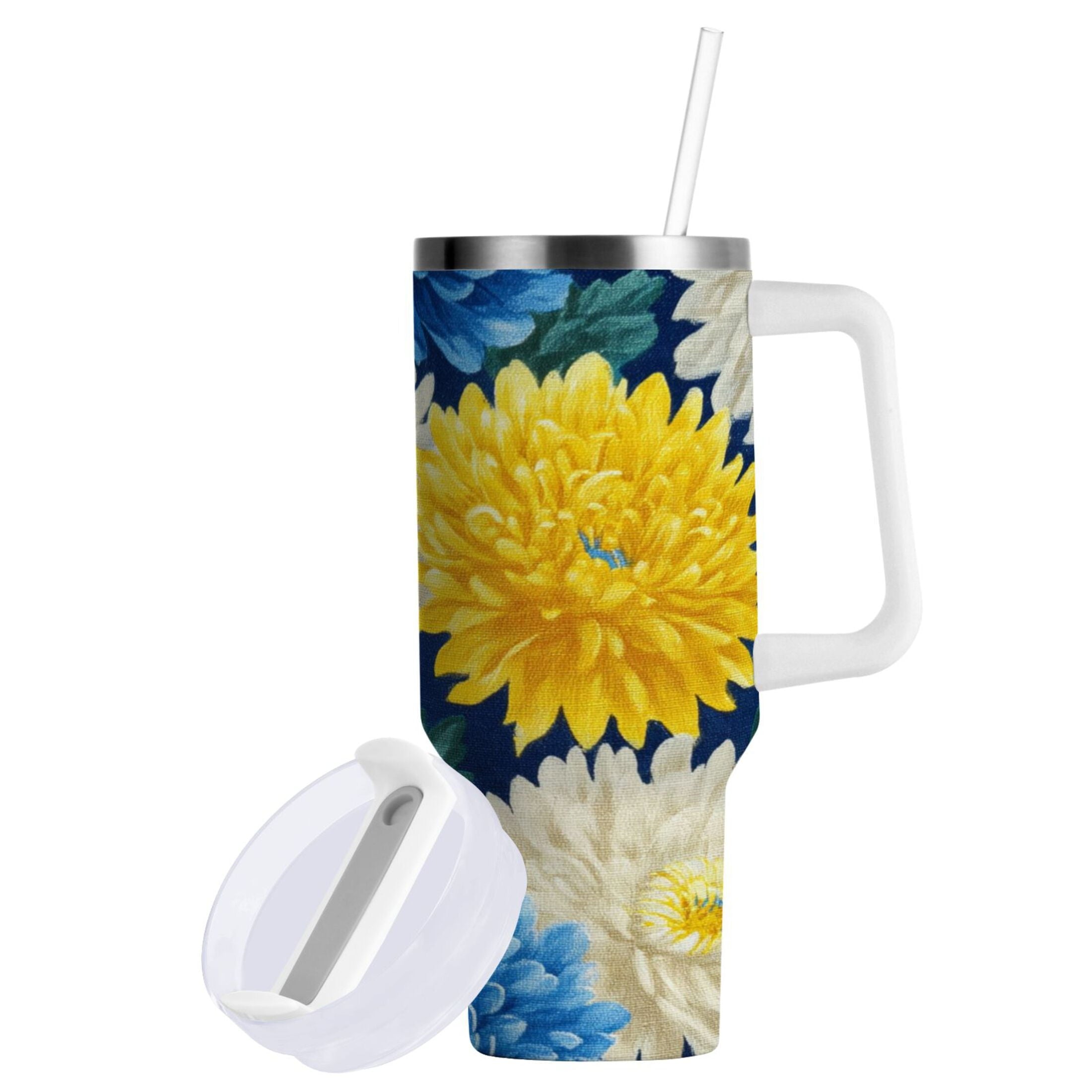 30 oz Insulated Stainless Steel Tumbler Double Wall Stainless Steel Tumbler with 2-Way Drinking Yellow and White Chrysanthemum GFLI