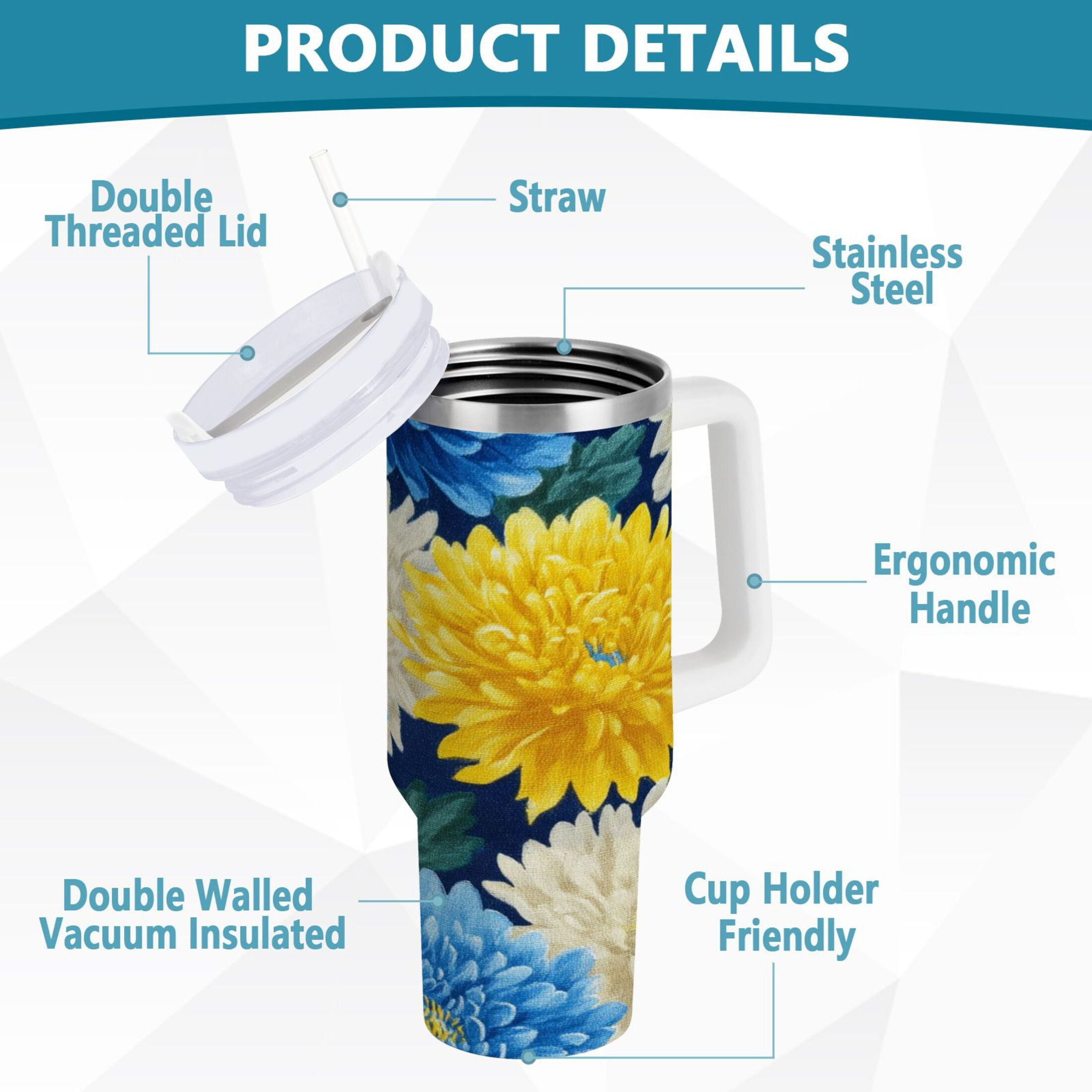 30 oz Insulated Stainless Steel Tumbler Double Wall Stainless Steel Tumbler with 2-Way Drinking Yellow and White Chrysanthemum GFLI
