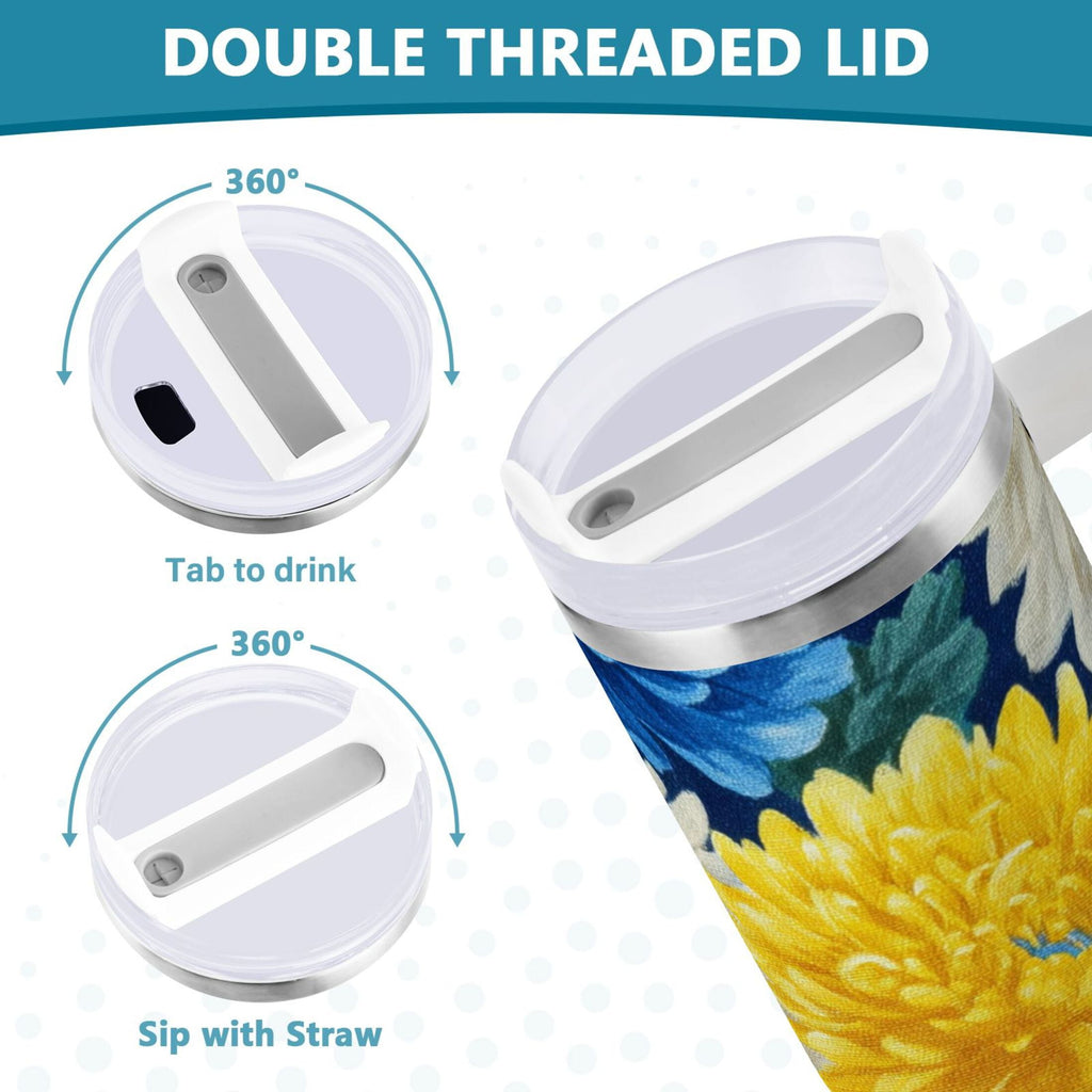 30 oz Insulated Stainless Steel Tumbler Double Wall Stainless Steel Tumbler with 2-Way Drinking Yellow and White Chrysanthemum GFLI