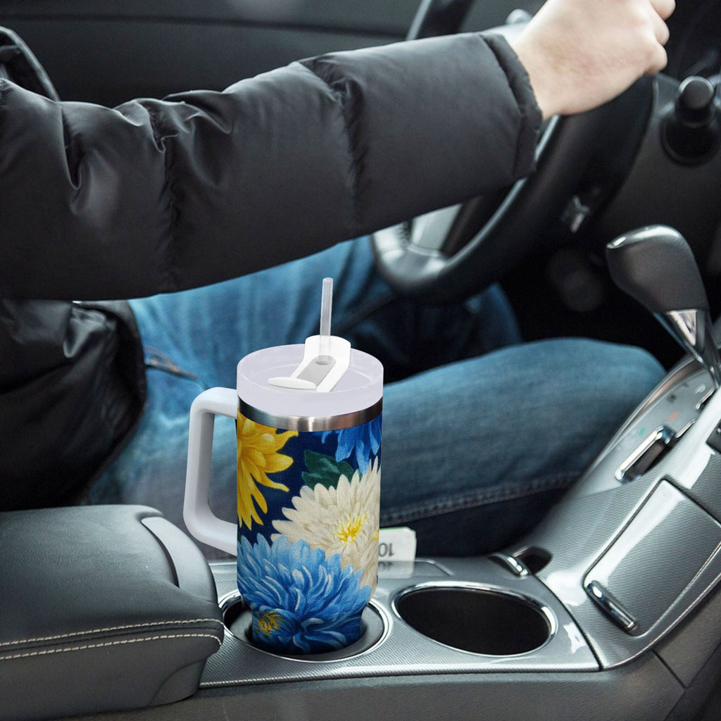 30 oz Insulated Stainless Steel Tumbler Double Wall Stainless Steel Tumbler with 2-Way Drinking Yellow and White Chrysanthemum GFLI