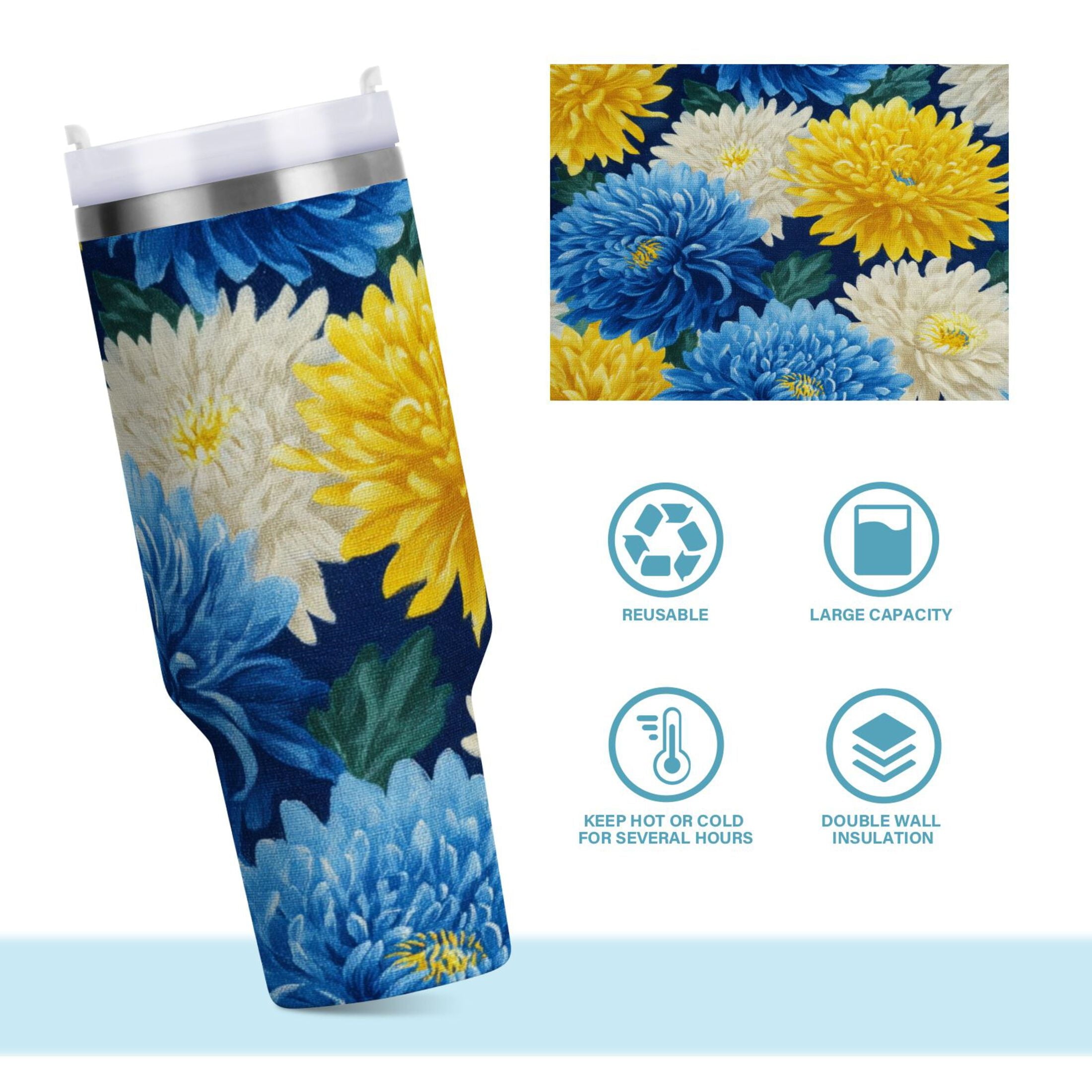 30 oz Insulated Stainless Steel Tumbler Double Wall Stainless Steel Tumbler with 2-Way Drinking Yellow and White Chrysanthemum GFLI