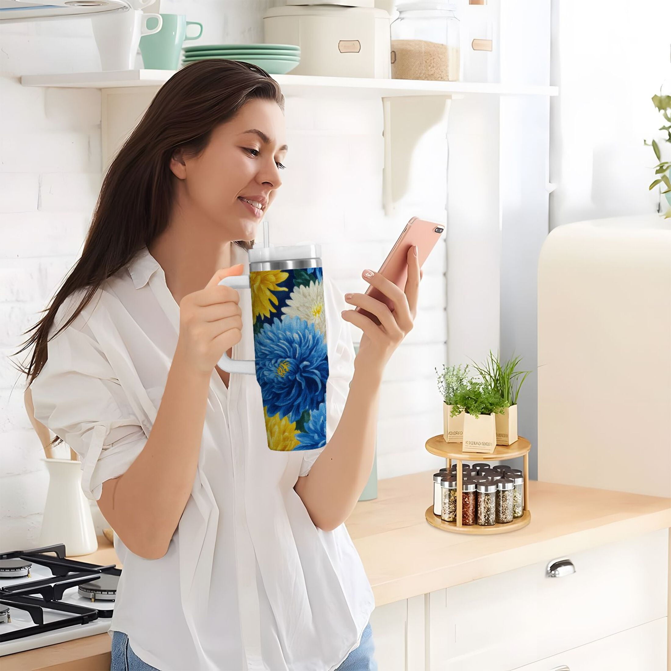 30 oz Insulated Stainless Steel Tumbler Double Wall Stainless Steel Tumbler with 2-Way Drinking Yellow and White Chrysanthemum GFLI