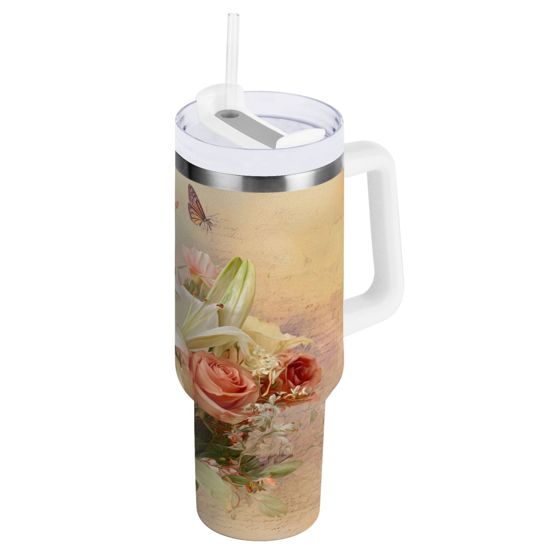 30 oz Insulated Stainless Steel Tumbler Double Wall Stainless Steel Tumbler with 2-Way Drinking Beautiful Floral Bouquet DC3V