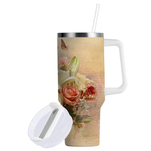 30 oz Insulated Stainless Steel Tumbler Double Wall Stainless Steel Tumbler with 2-Way Drinking Beautiful Floral Bouquet DC3V