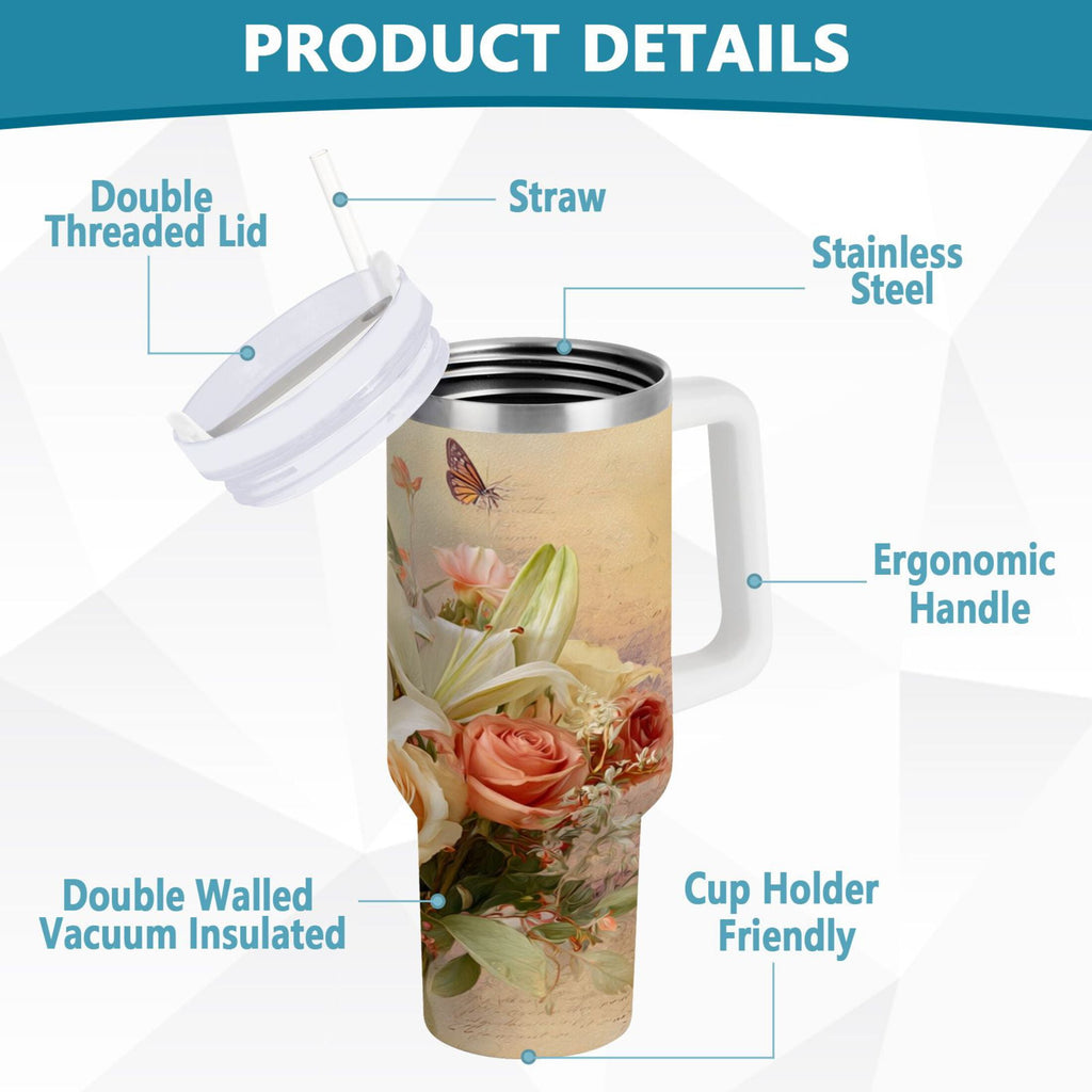 30 oz Insulated Stainless Steel Tumbler Double Wall Stainless Steel Tumbler with 2-Way Drinking Beautiful Floral Bouquet DC3V
