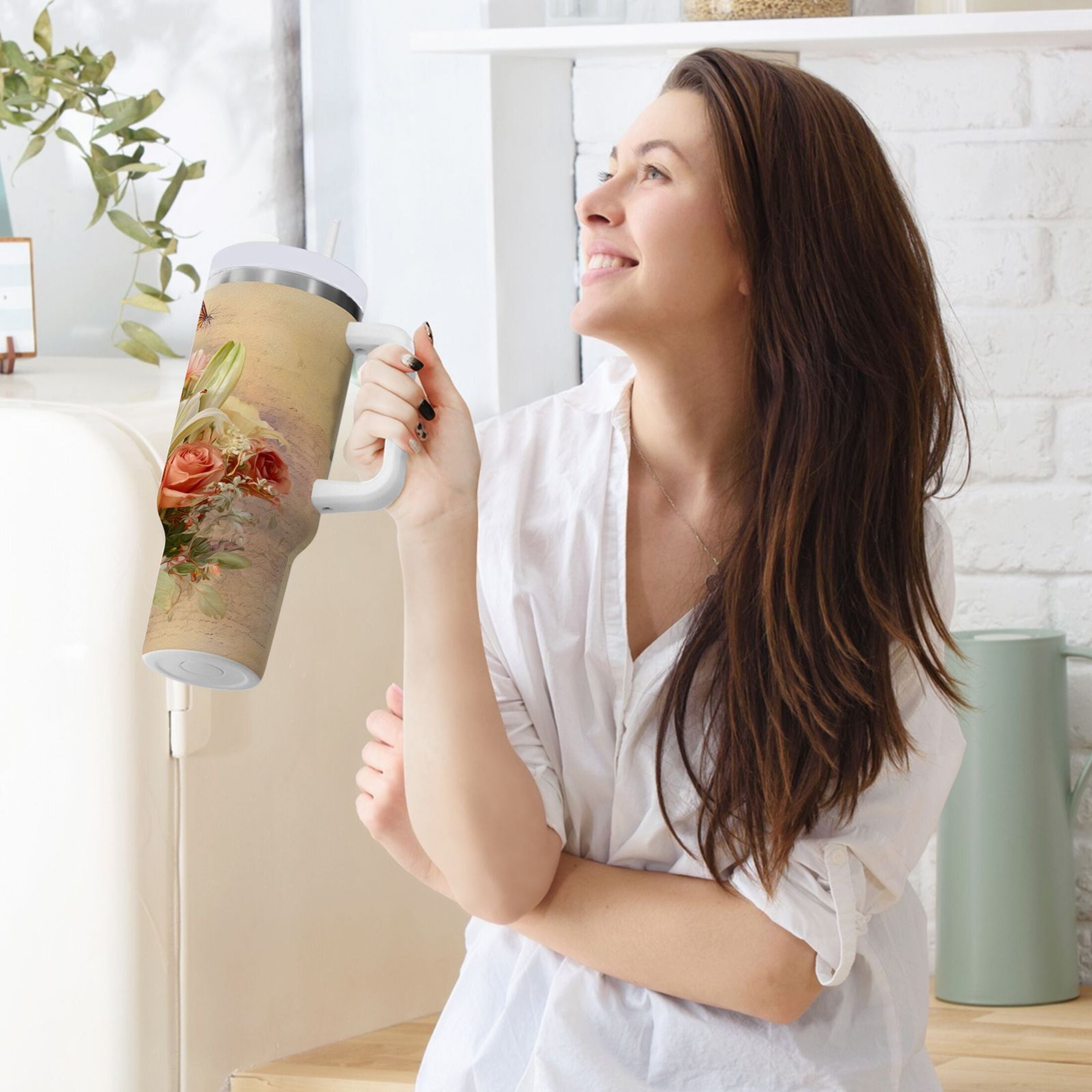 30 oz Insulated Stainless Steel Tumbler Double Wall Stainless Steel Tumbler with 2-Way Drinking Beautiful Floral Bouquet DC3V