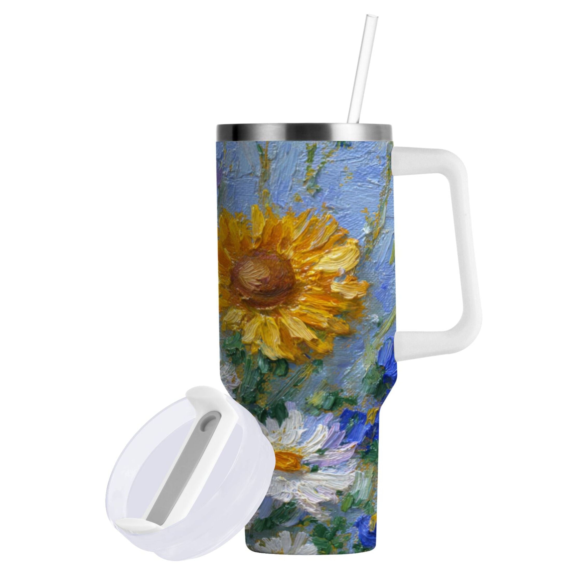40 oz Insulated Stainless Steel Tumbler Double Wall Stainless Steel Tumbler with 2-Way Drinking Sunflowers and Daisies OYX6
