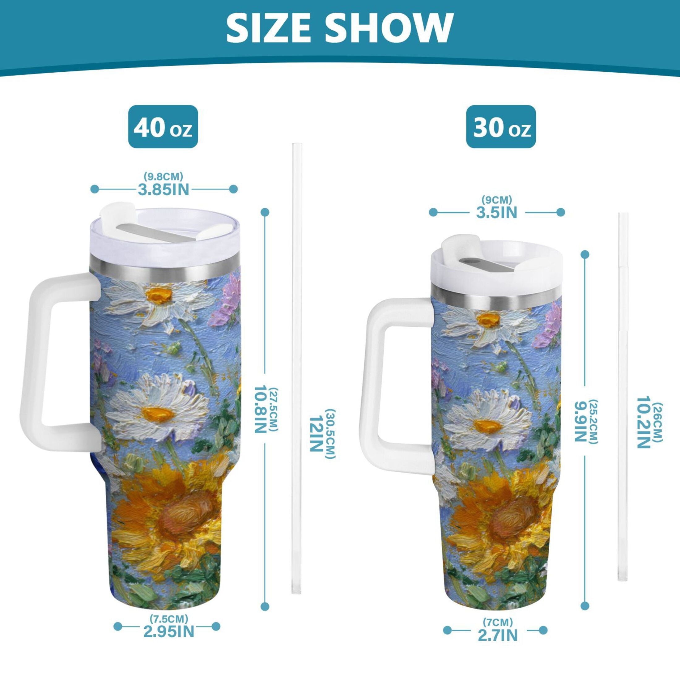 40 oz Insulated Stainless Steel Tumbler Double Wall Stainless Steel Tumbler with 2-Way Drinking Sunflowers and Daisies OYX6
