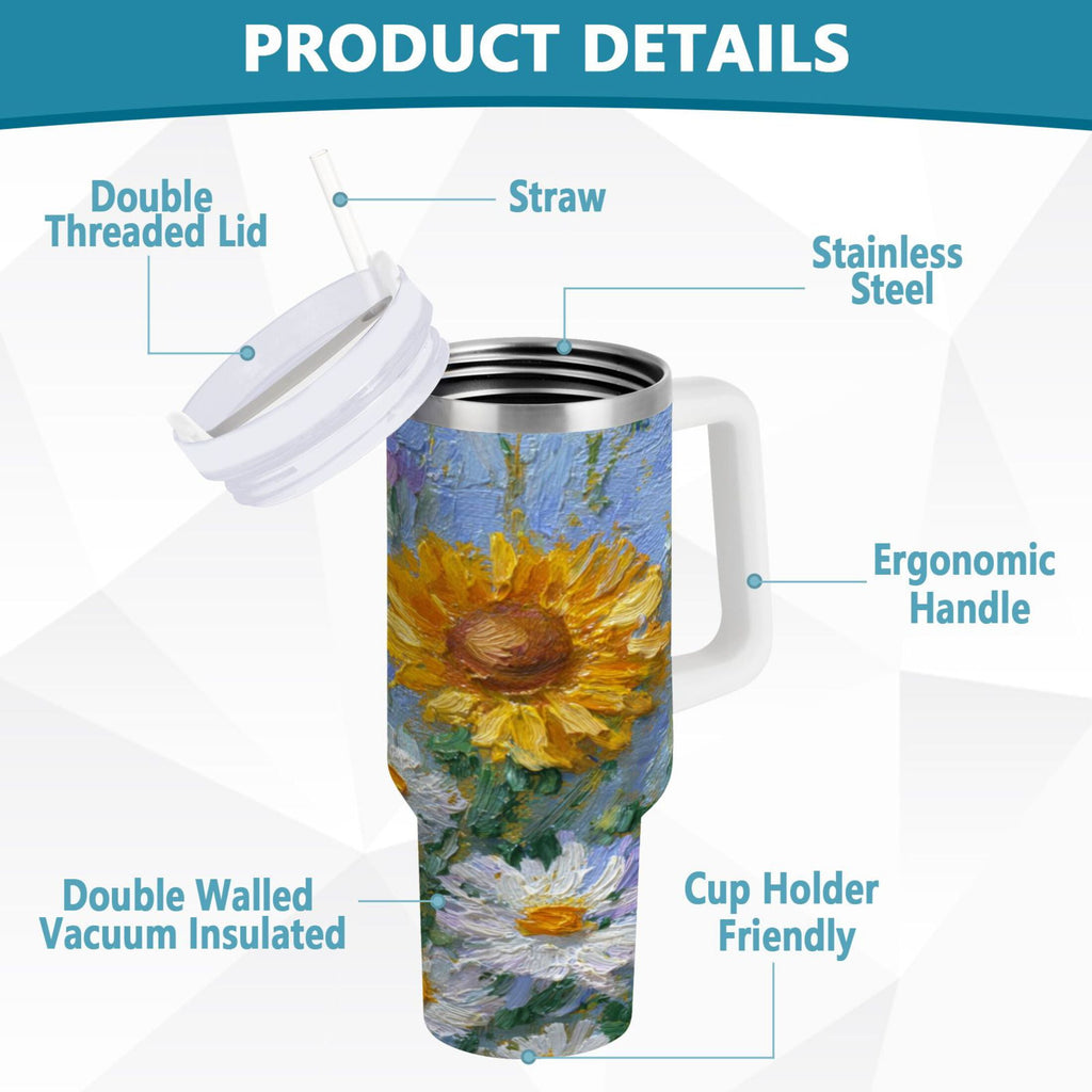 40 oz Insulated Stainless Steel Tumbler Double Wall Stainless Steel Tumbler with 2-Way Drinking Sunflowers and Daisies OYX6