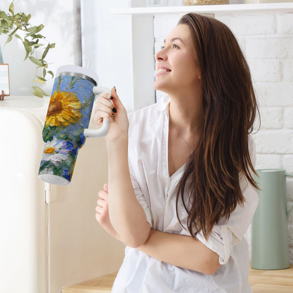 40 oz Insulated Stainless Steel Tumbler Double Wall Stainless Steel Tumbler with 2-Way Drinking Sunflowers and Daisies OYX6