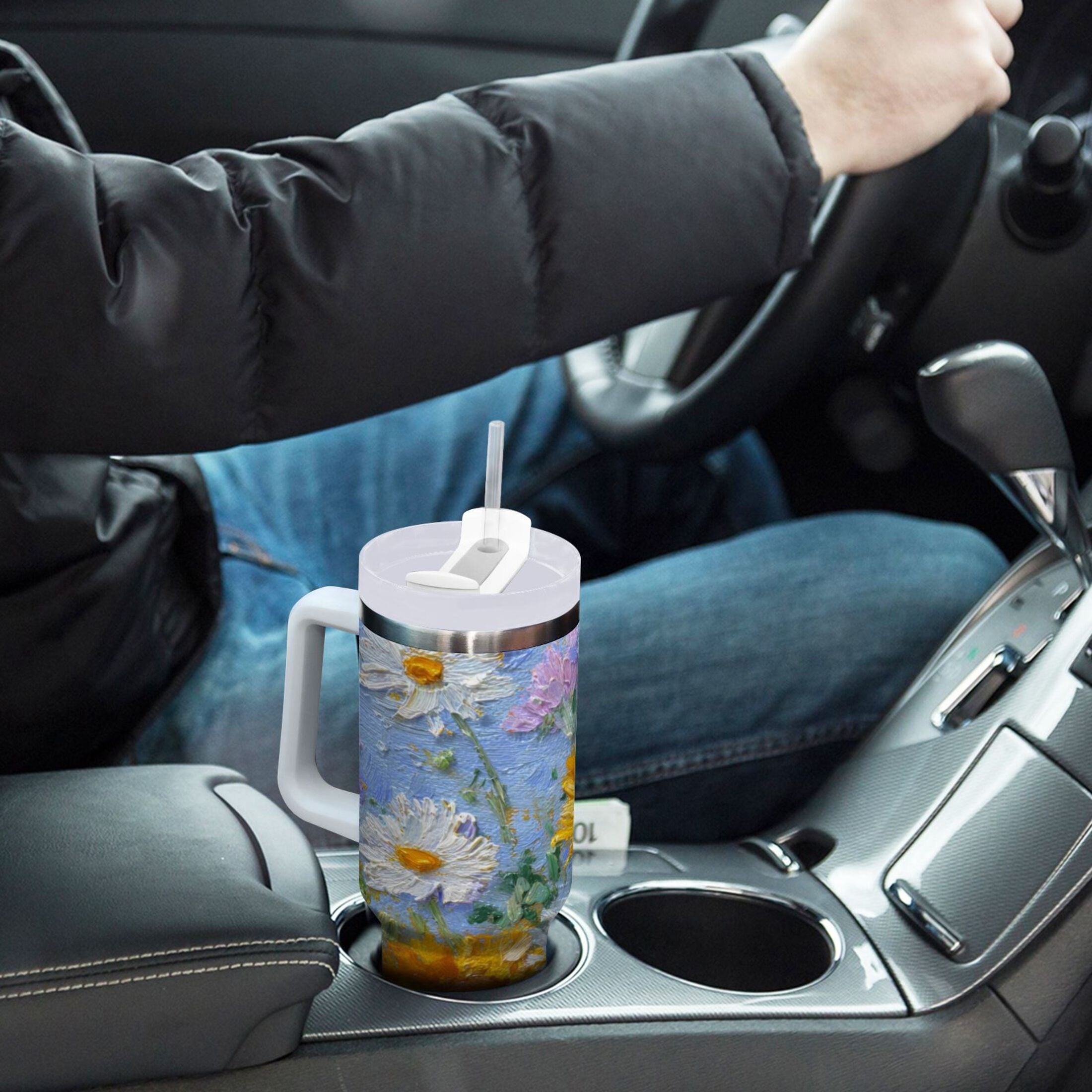40 oz Insulated Stainless Steel Tumbler Double Wall Stainless Steel Tumbler with 2-Way Drinking Sunflowers and Daisies OYX6