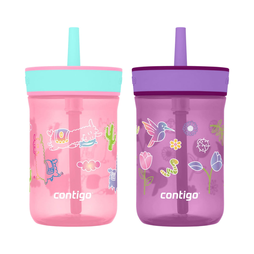 Contigo Kids Leighton Spill-Proof Tumbler with Straw, Ages 3+, Pink and Purple, 14 oz, 2 Pack 264Y