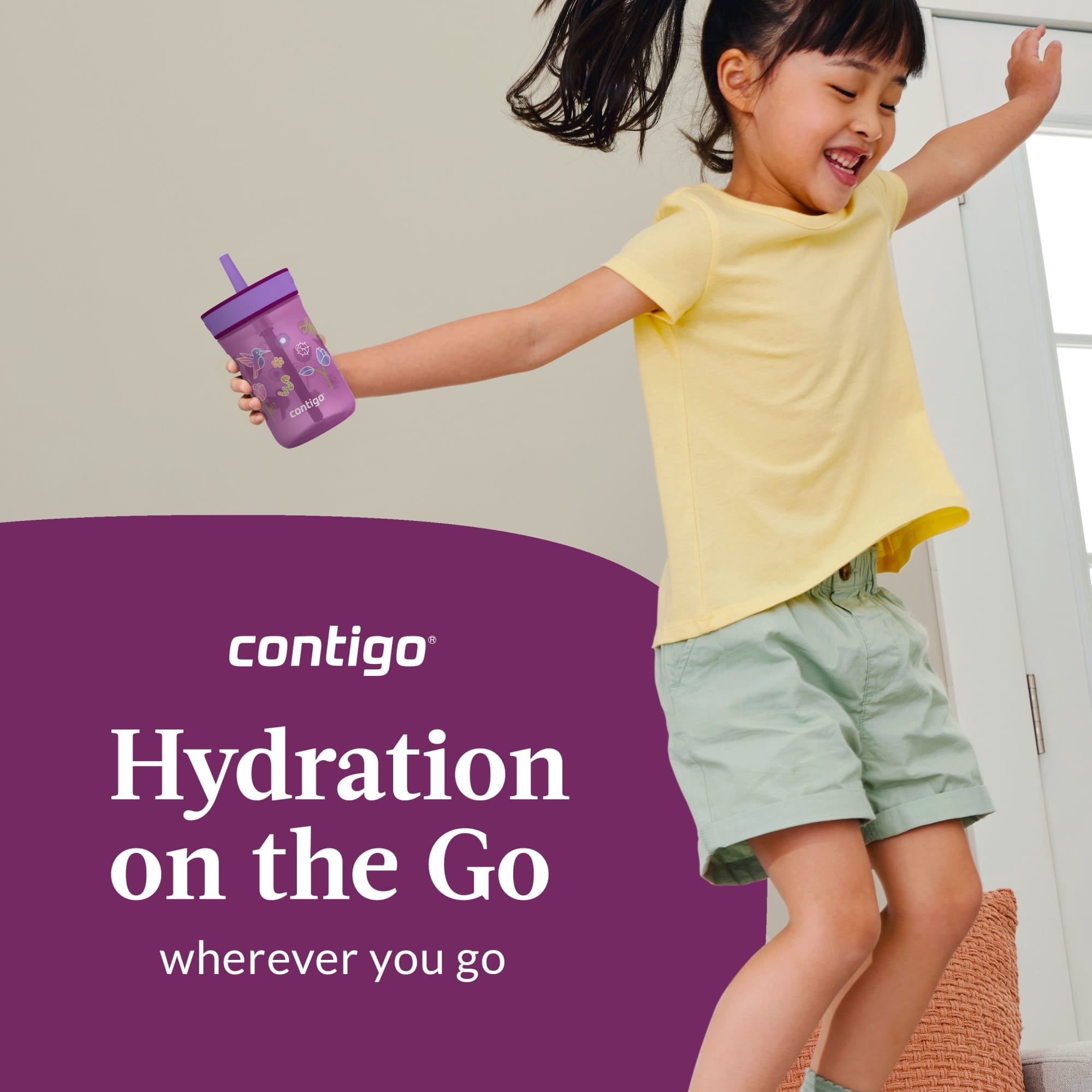 Contigo Kids Leighton Spill-Proof Tumbler with Straw, Ages 3+, Pink and Purple, 14 oz, 2 Pack 264Y