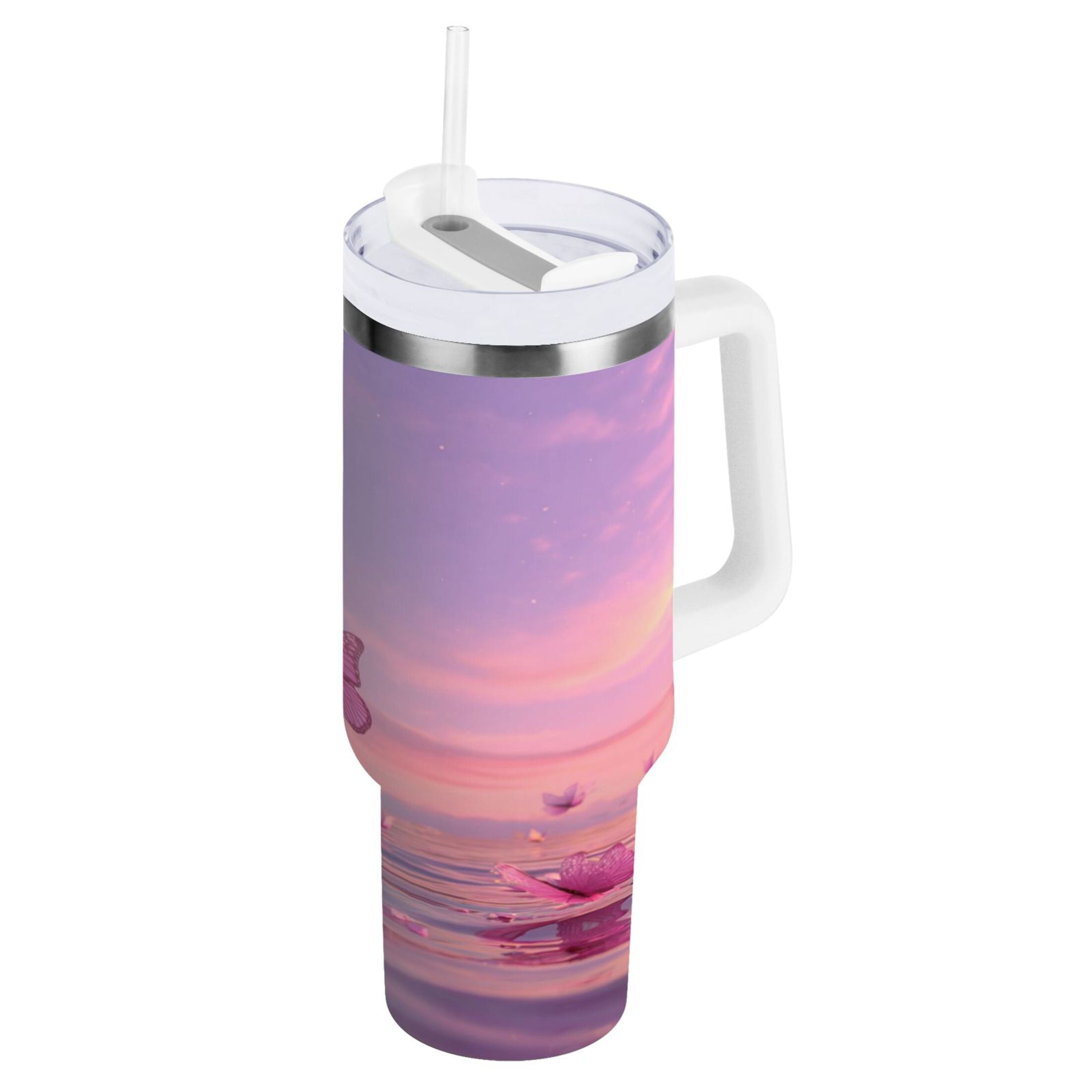 30 oz Insulated Stainless Steel Tumbler Double Wall Stainless Steel Tumbler with 2-Way Drinking Pink Butterflies Flying KHGA