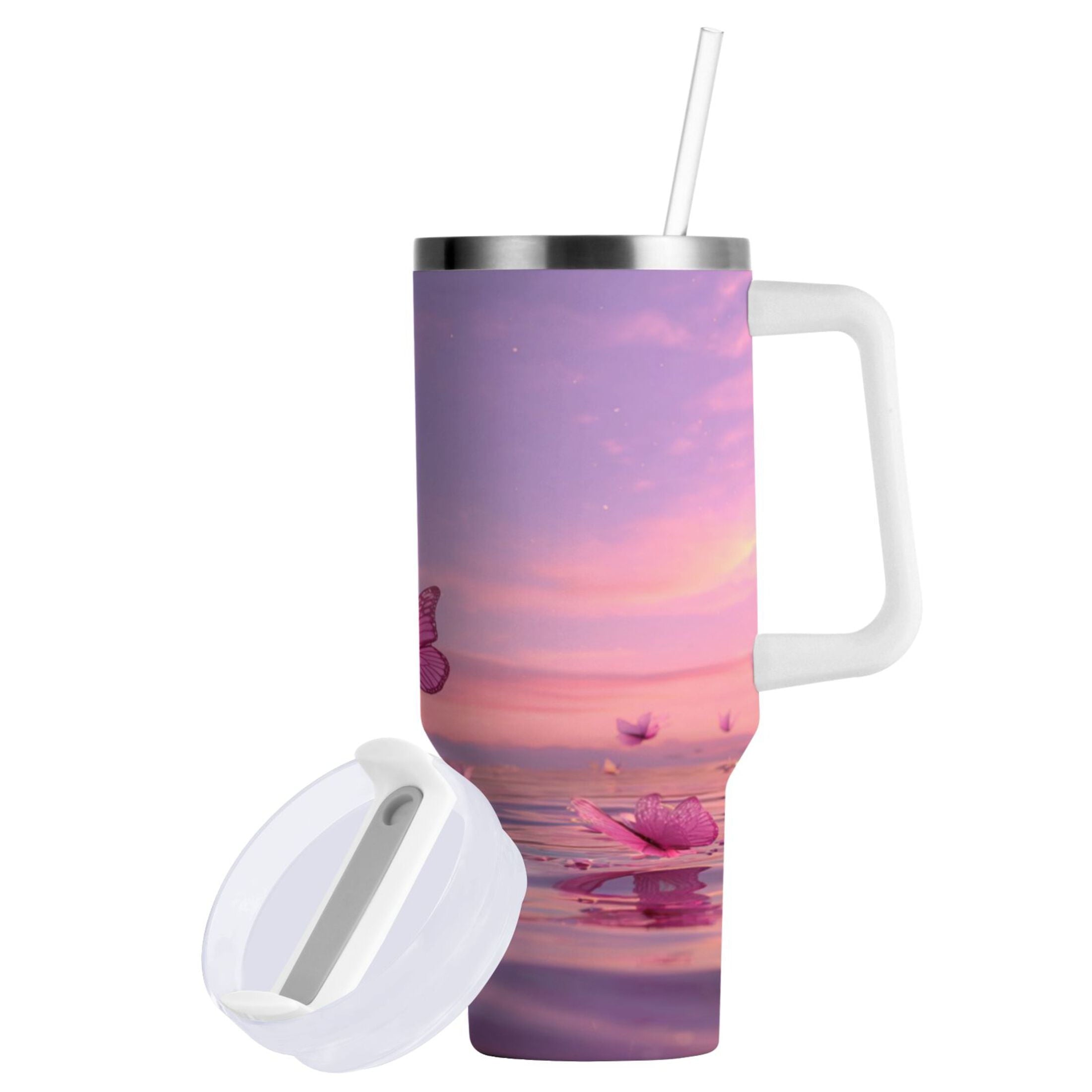 30 oz Insulated Stainless Steel Tumbler Double Wall Stainless Steel Tumbler with 2-Way Drinking Pink Butterflies Flying KHGA