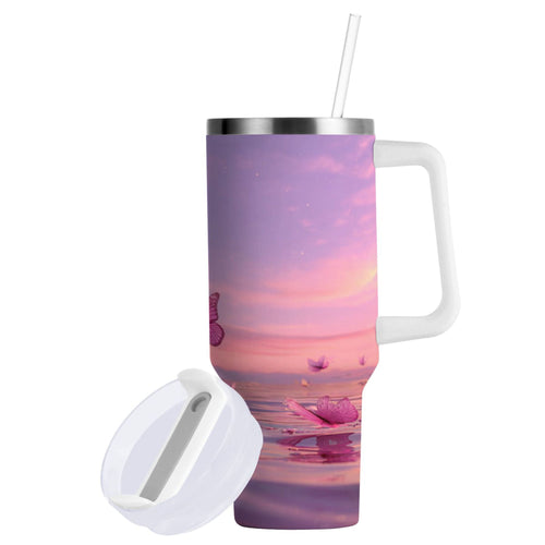 30 oz Insulated Stainless Steel Tumbler Double Wall Stainless Steel Tumbler with 2-Way Drinking Pink Butterflies Flying KHGA
