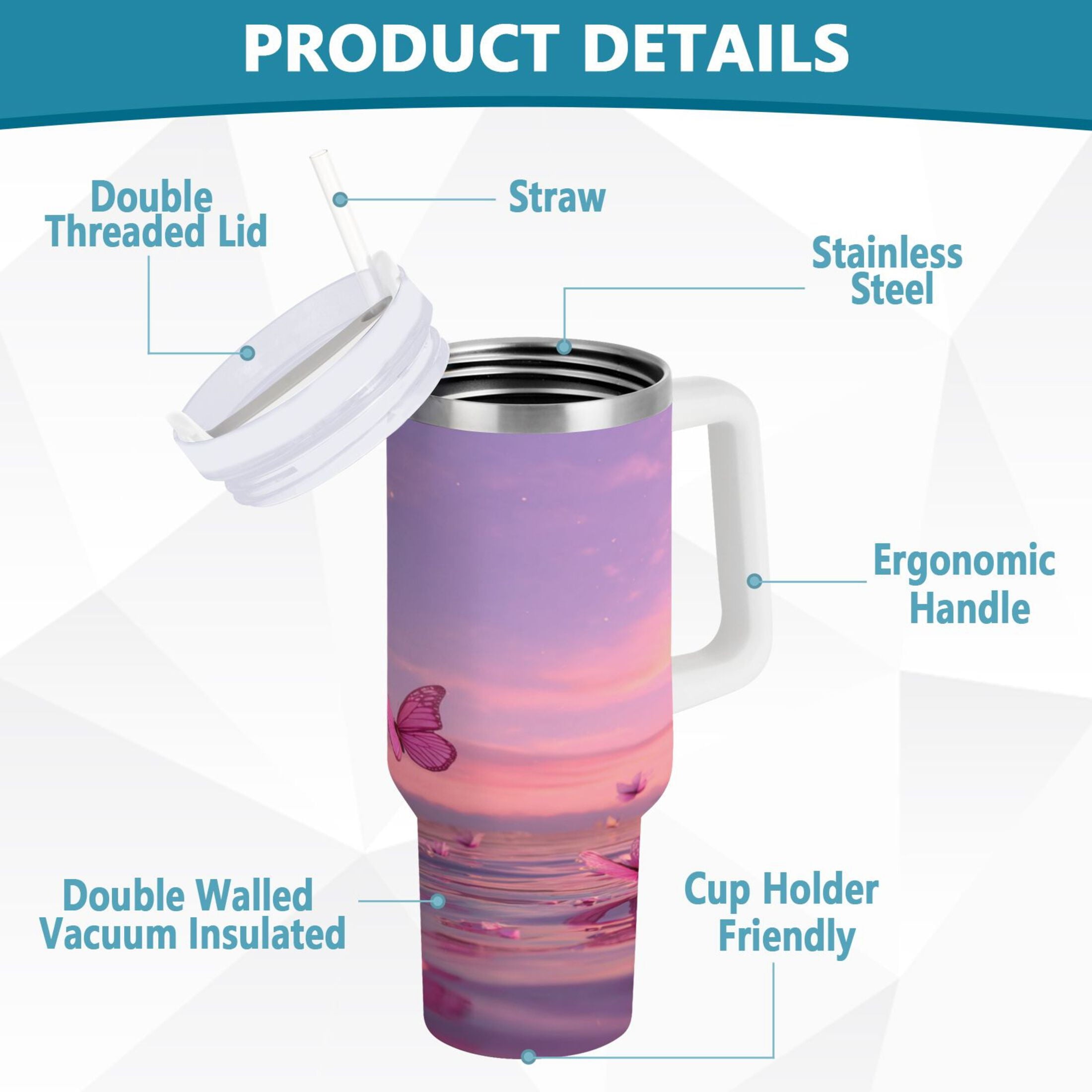 30 oz Insulated Stainless Steel Tumbler Double Wall Stainless Steel Tumbler with 2-Way Drinking Pink Butterflies Flying KHGA
