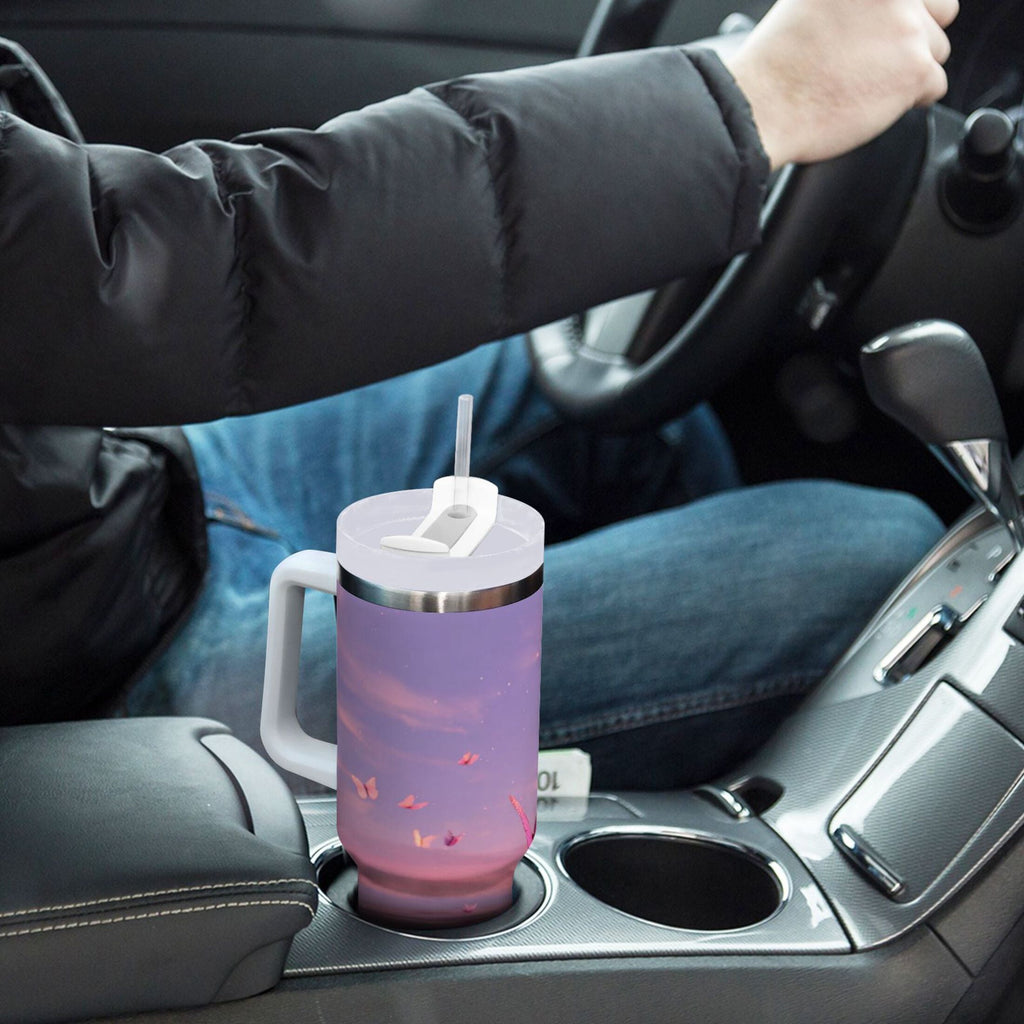 30 oz Insulated Stainless Steel Tumbler Double Wall Stainless Steel Tumbler with 2-Way Drinking Pink Butterflies Flying KHGA