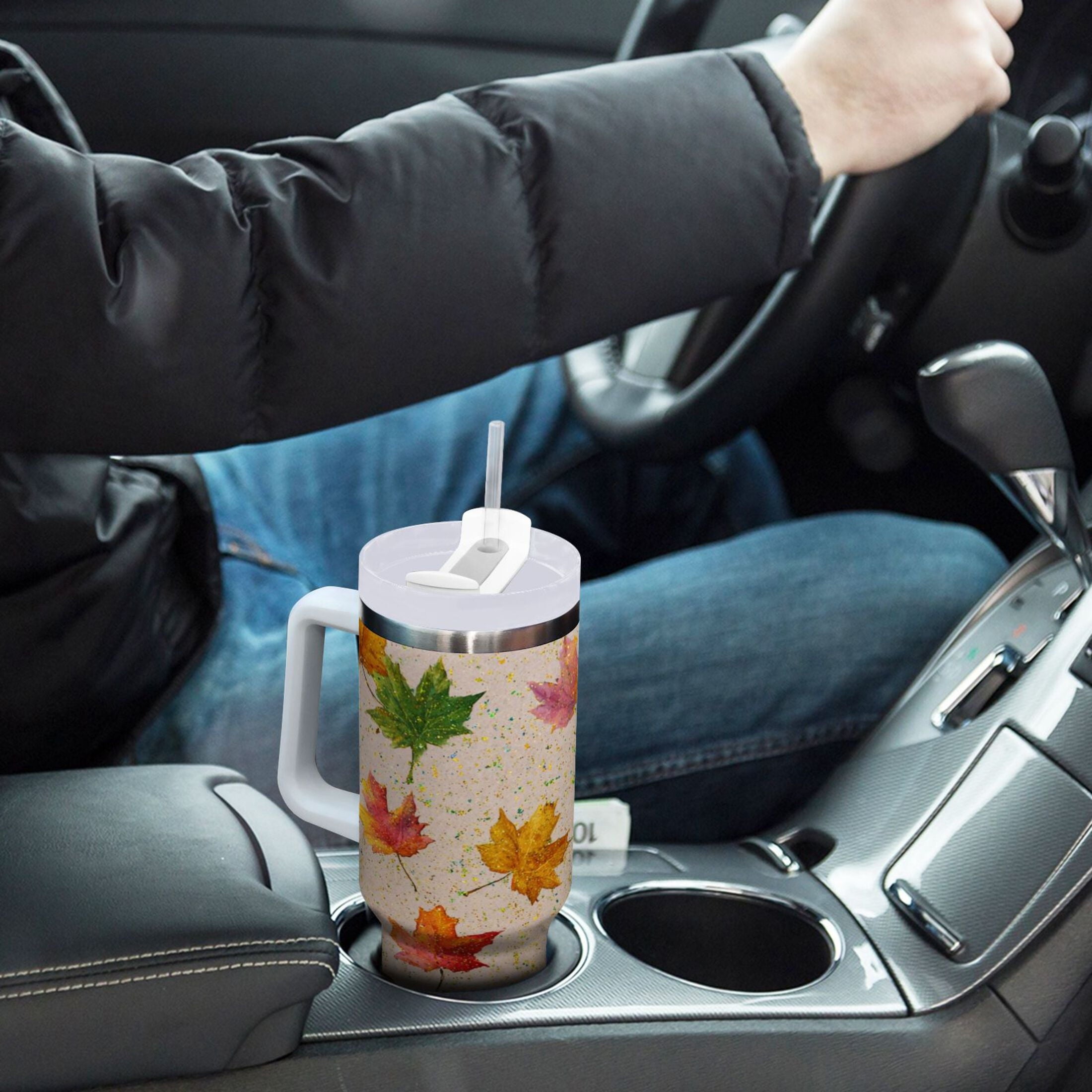40 oz Insulated Stainless Steel Tumbler Double Wall Stainless Steel Tumbler with 2-Way Drinking Colored Autumn Leaves FSF0