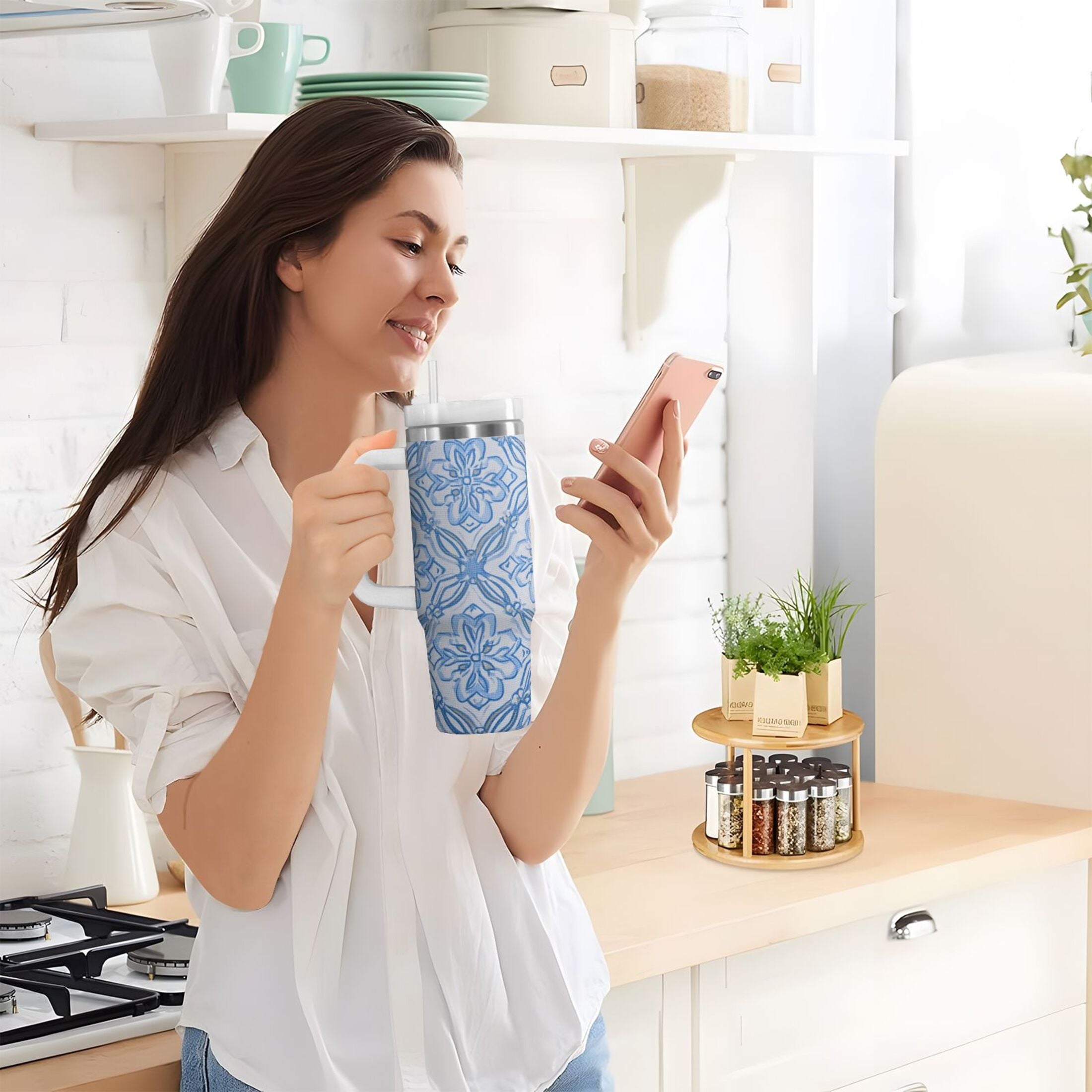 30 oz Insulated Stainless Steel Tumbler Double Wall Stainless Steel Tumbler with 2-Way Drinking Blue Elegant Geometric Design TOLQ
