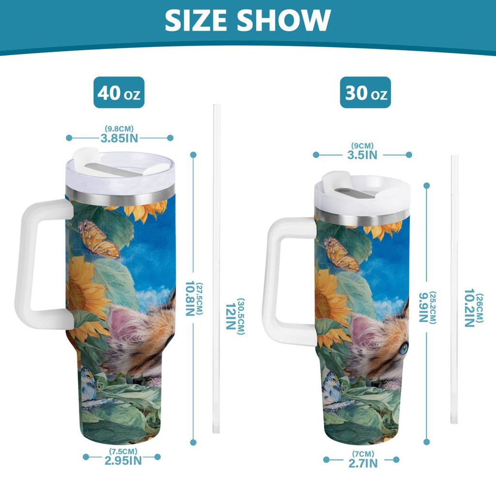 40 oz Insulated Stainless Steel Tumbler Double Wall Stainless Steel Tumbler with 2-Way Drinking Playful Cat Lying Sunflowers X733