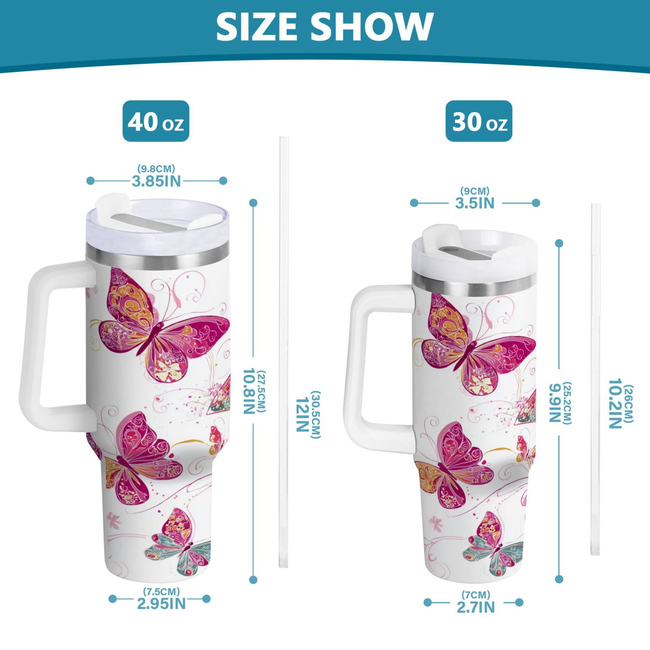 30 oz Insulated Stainless Steel Tumbler Double Wall Stainless Steel Tumbler with 2-Way Drinking Colorful Butterflies NDZF