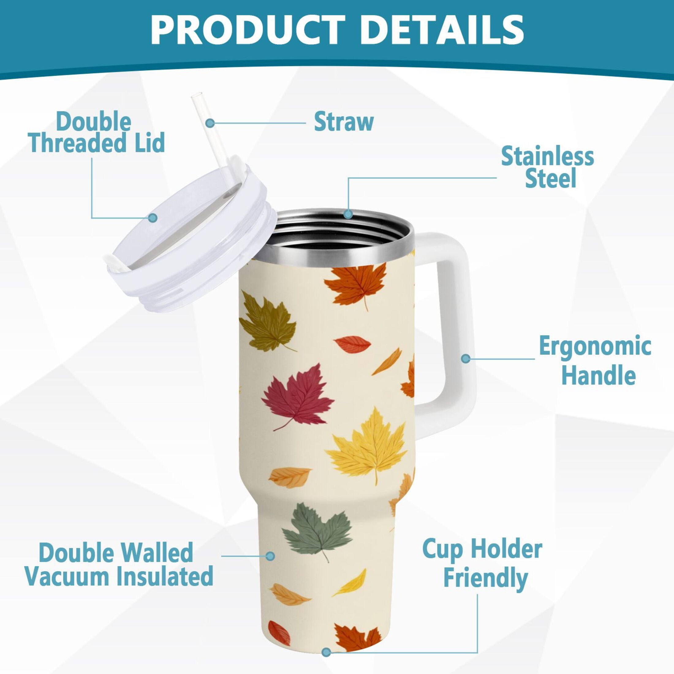 40 oz Insulated Stainless Steel Tumbler Double Wall Stainless Steel Tumbler with 2-Way Drinking Colorful Autumn Leaves Pattern ETI5