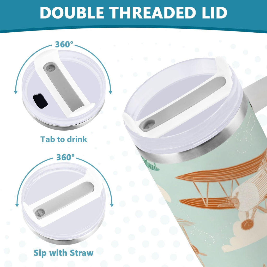 40 oz Insulated Stainless Steel Tumbler Double Wall Stainless Steel Tumbler with 2-Way Drinking Cute Airplanes D95L