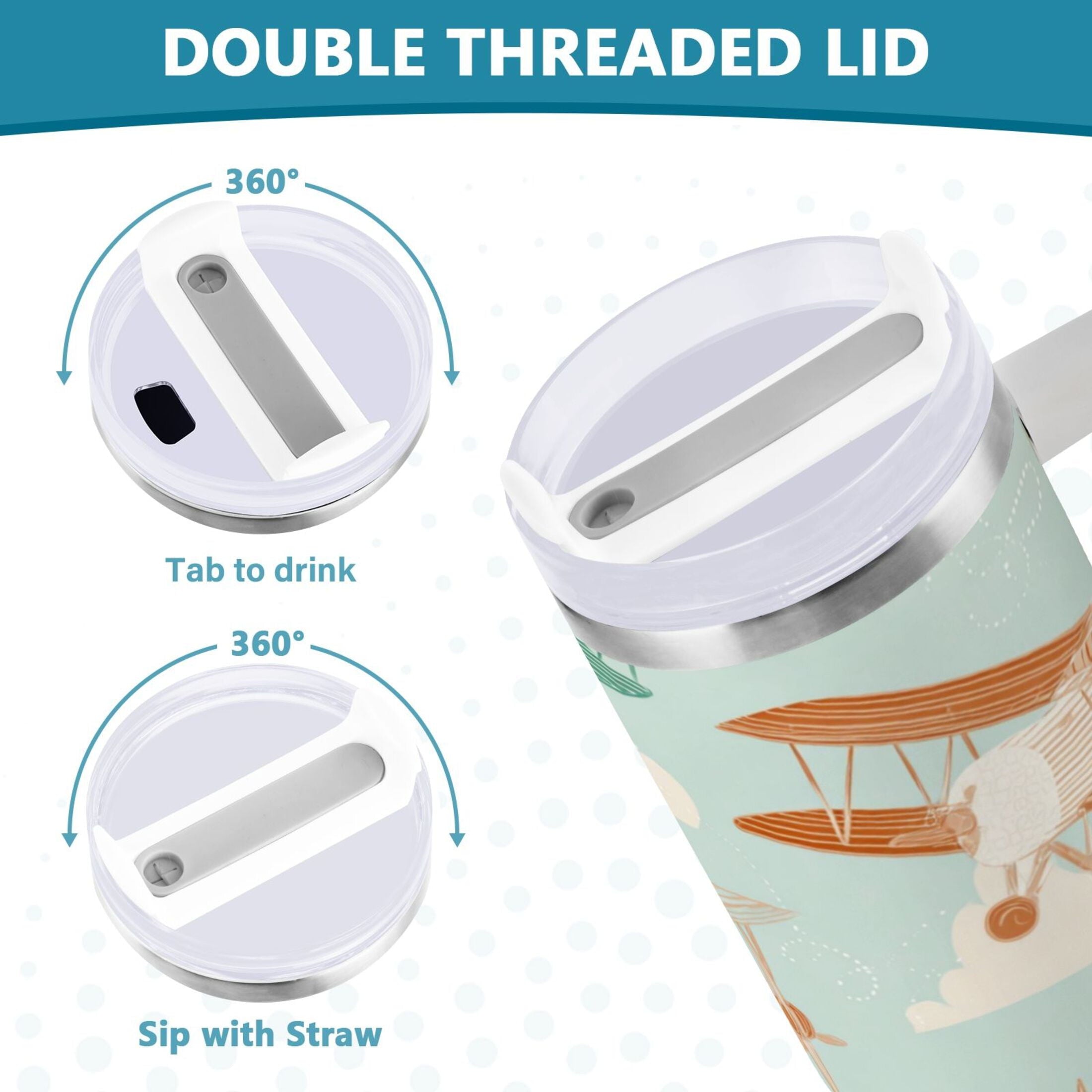 40 oz Insulated Stainless Steel Tumbler Double Wall Stainless Steel Tumbler with 2-Way Drinking Cute Airplanes D95L