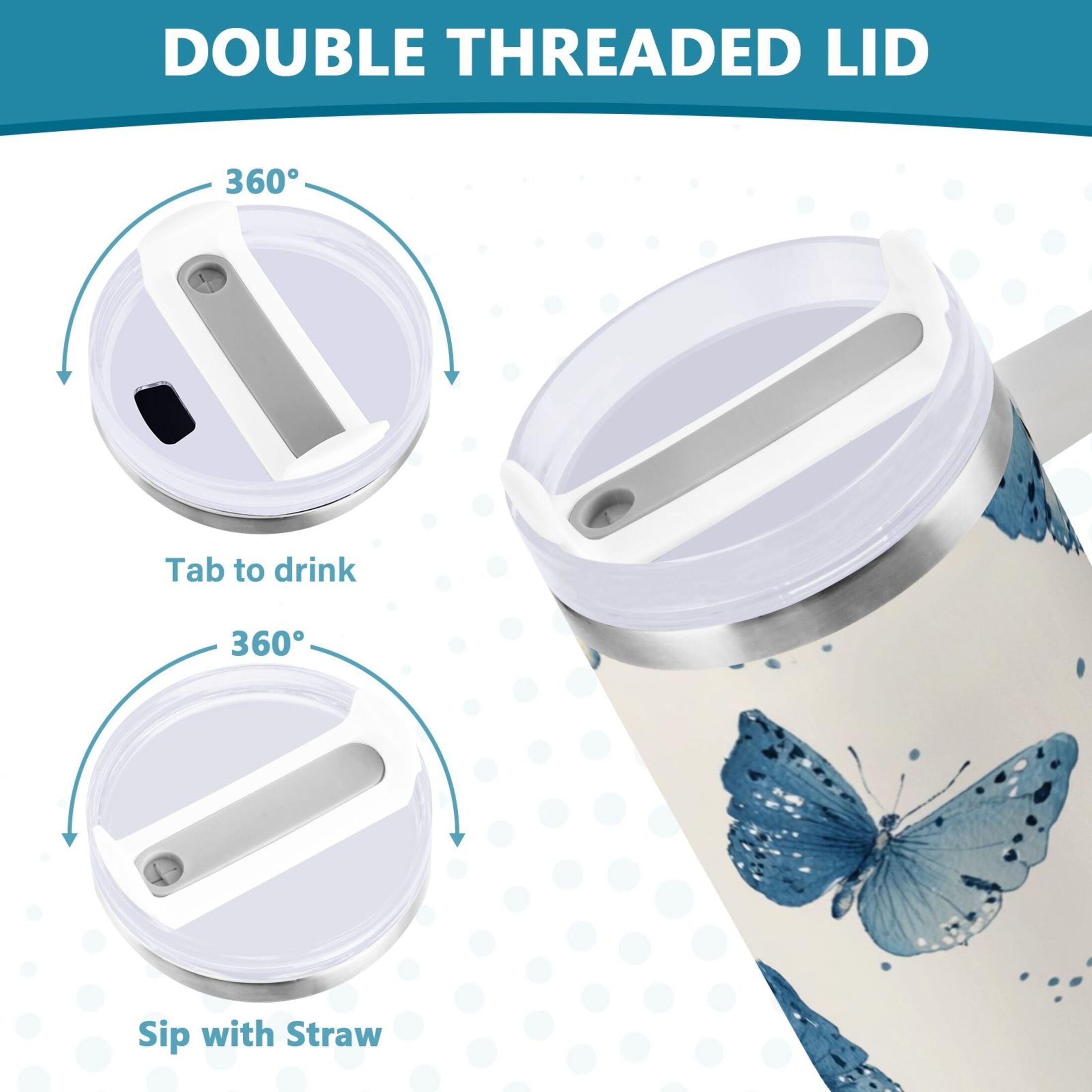 30 oz Insulated Stainless Steel Tumbler Double Wall Stainless Steel Tumbler with 2-Way Drinking Blue Watercolor Butterflies UQ86