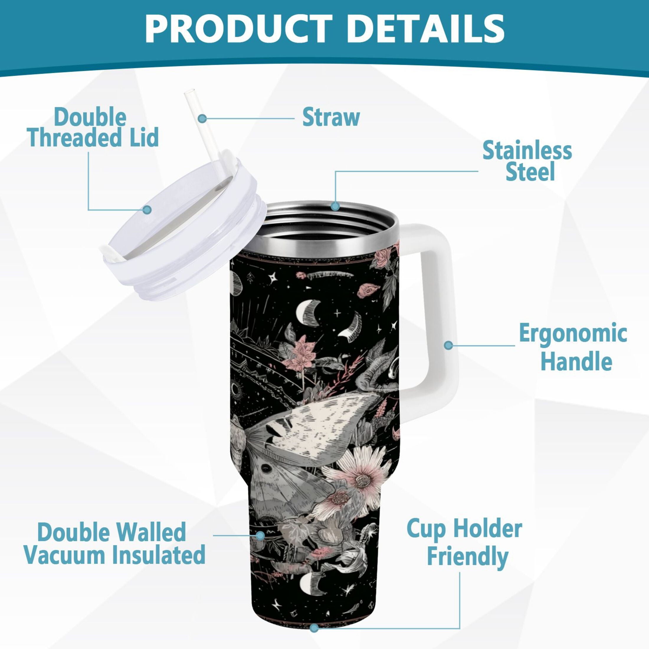 40 oz Insulated Stainless Steel Tumbler Double Wall Stainless Steel Tumbler with 2-Way Drinking Butterfly Surrounded by Flowers 20CT