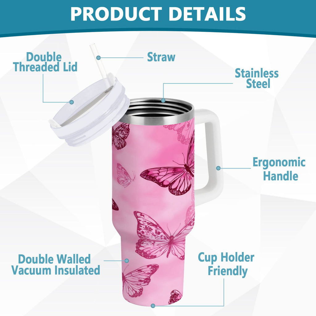 40 oz Insulated Stainless Steel Tumbler Double Wall Stainless Steel Tumbler with 2-Way Drinking Pink Butterfly Pattern SLZ4