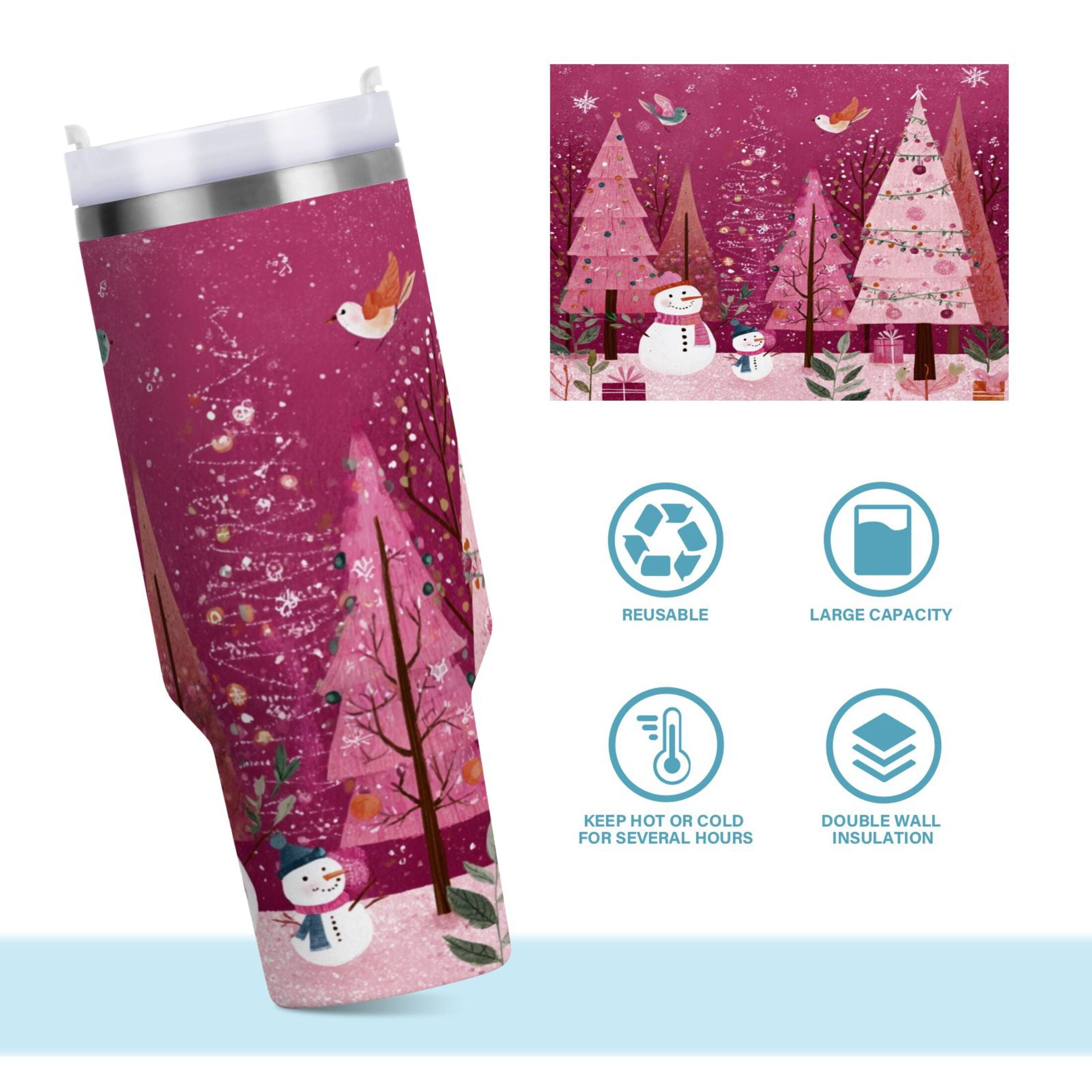 40 oz Insulated Stainless Steel Tumbler Double Wall Stainless Steel Tumbler with 2-Way Drinking Pink Christmas Forest K92E