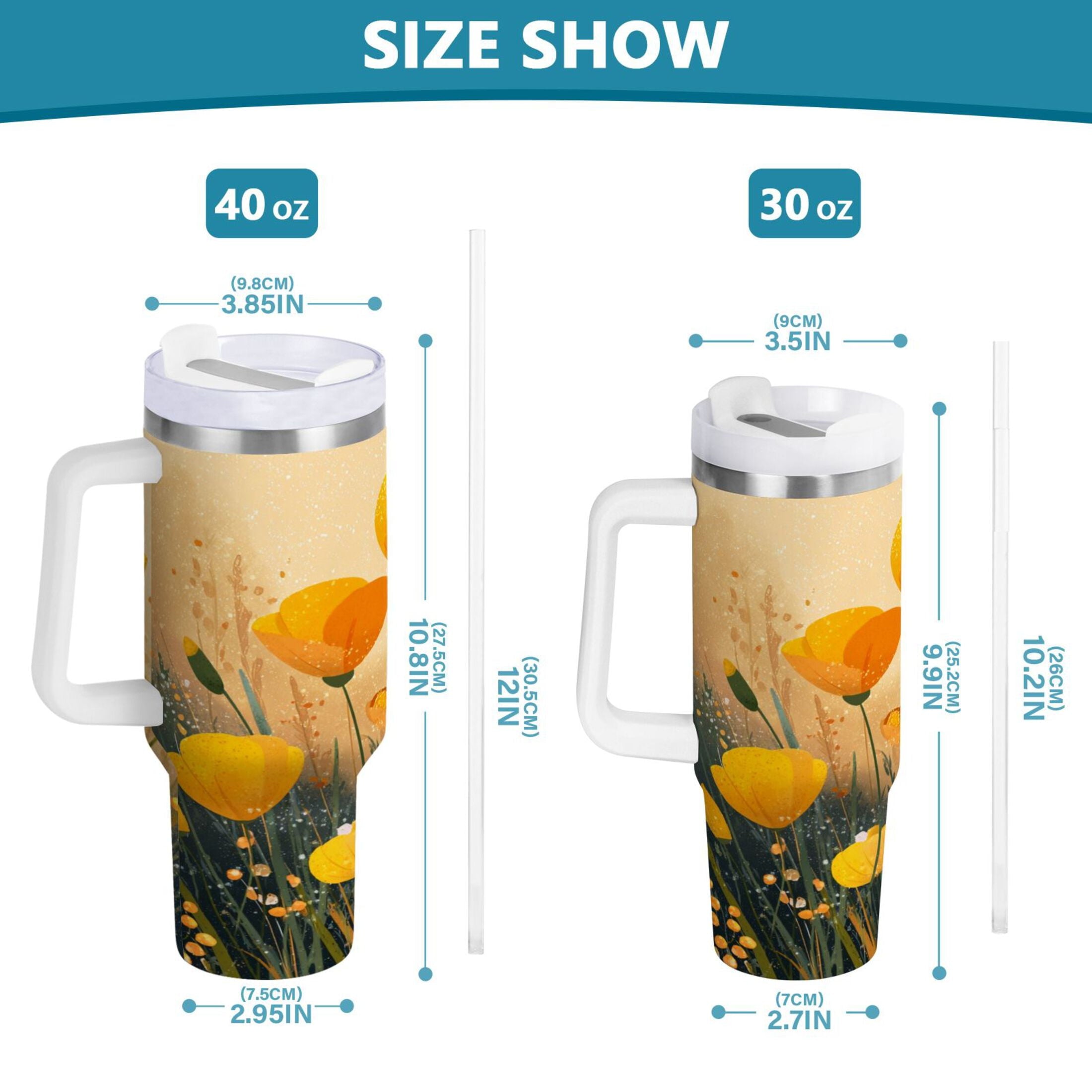 30 oz Insulated Stainless Steel Tumbler Double Wall Stainless Steel Tumbler with 2-Way Drinking Yellow Flowers on The Grass 3AFR