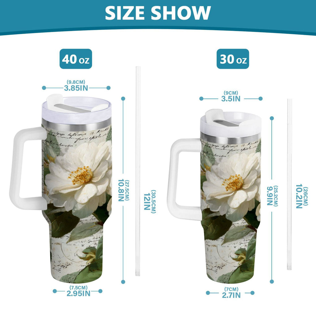 40 oz Insulated Stainless Steel Tumbler Double Wall Stainless Steel Tumbler with 2-Way Drinking Vintage White Camellias AJEN