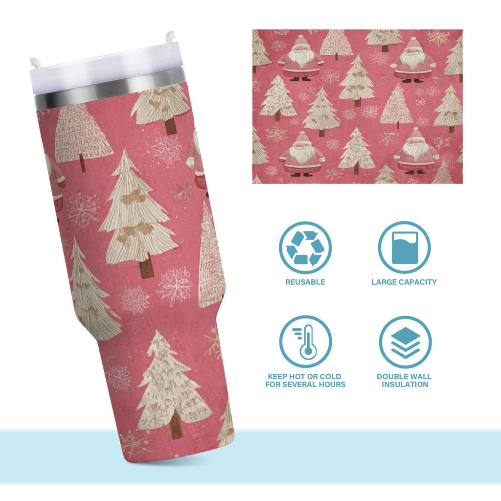 40 oz Insulated Stainless Steel Tumbler Double Wall Stainless Steel Tumbler with 2-Way Drinking Pink Santa Claus Pattern 4N9I