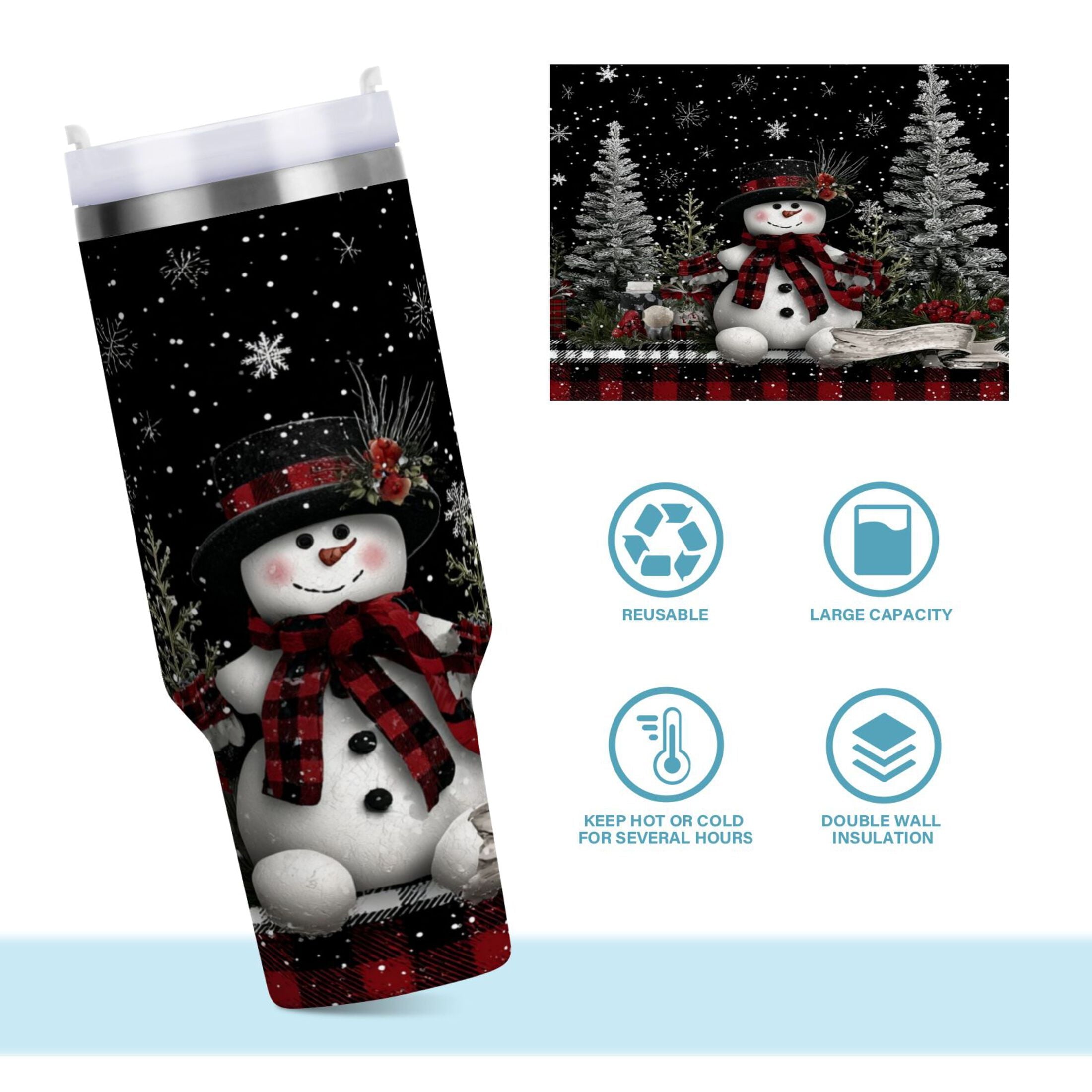 30 oz Insulated Stainless Steel Tumbler Double Wall Stainless Steel Tumbler with 2-Way Drinking Christmas Snowman JCA1