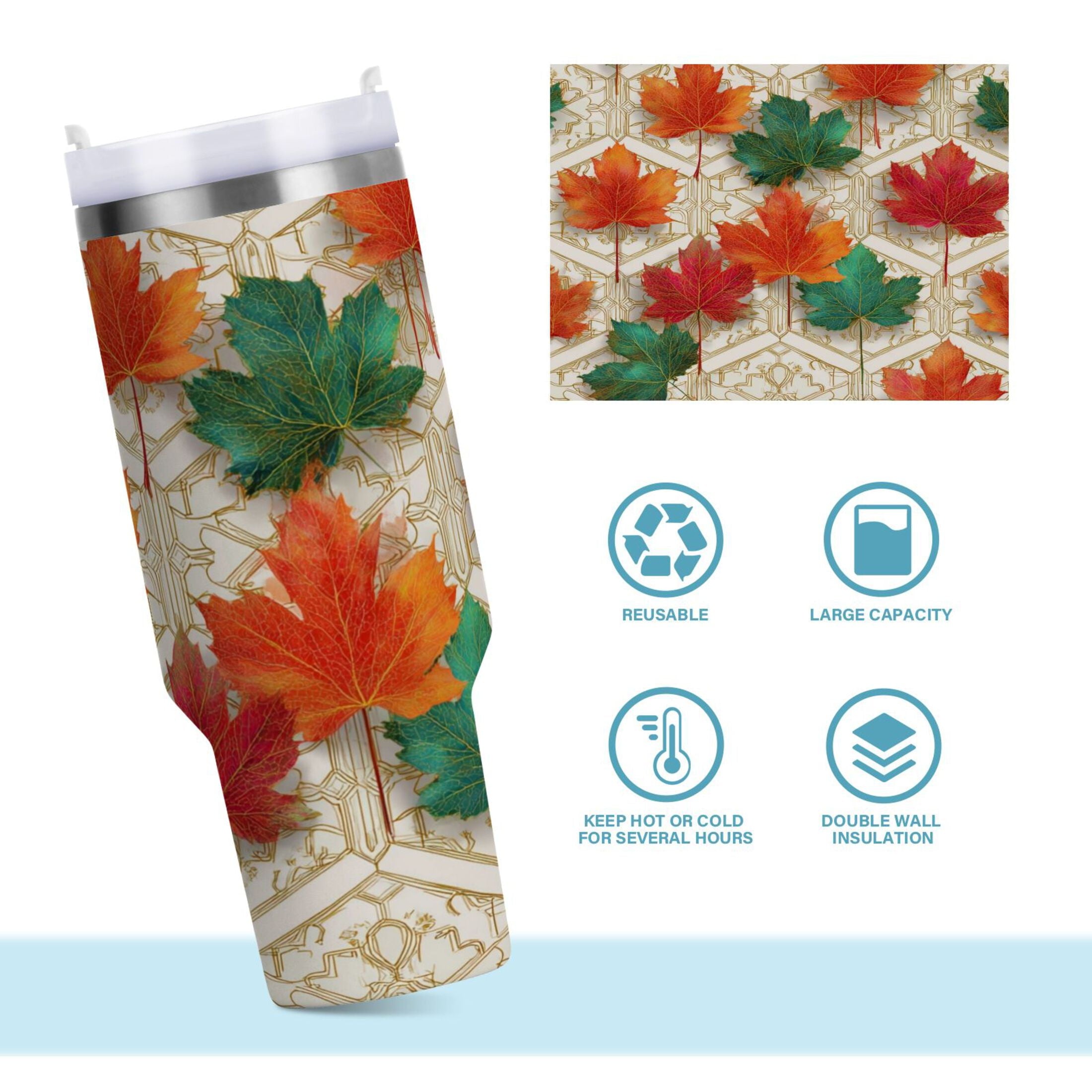 30 oz Insulated Stainless Steel Tumbler Double Wall Stainless Steel Tumbler with 2-Way Drinking Green and Red Maple Leaves 0H05
