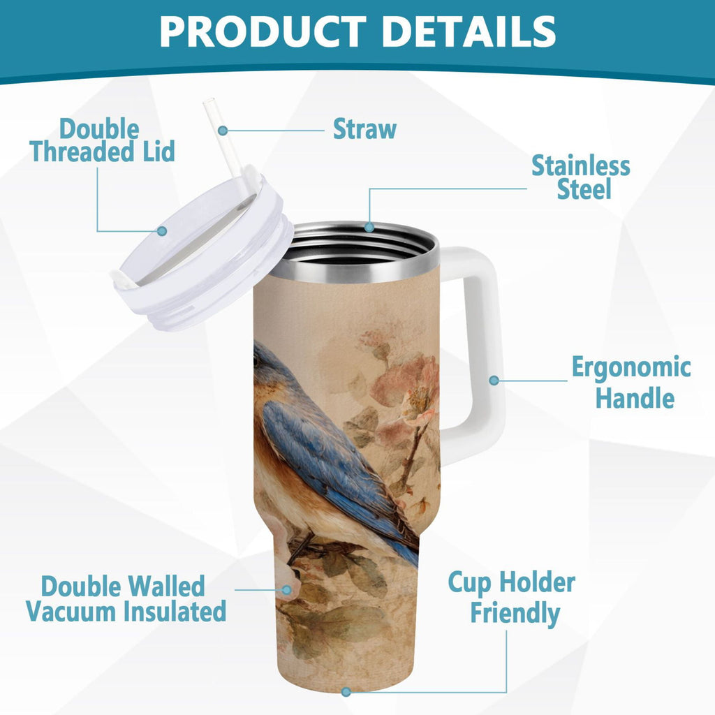 40 oz Insulated Stainless Steel Tumbler Double Wall Stainless Steel Tumbler with 2-Way Drinking Bluebird and Ancient Flowers R84G