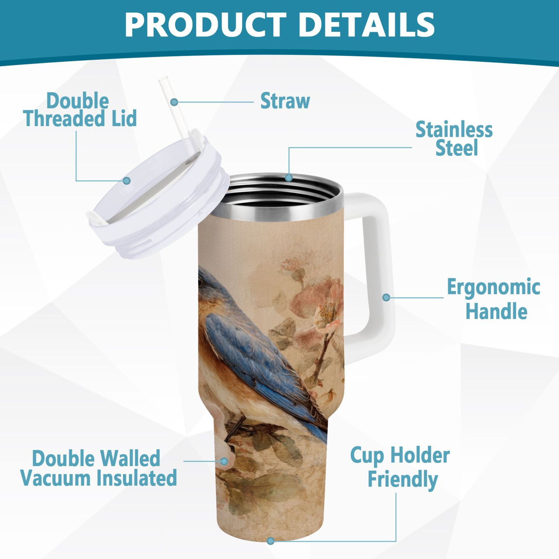 40 oz Insulated Stainless Steel Tumbler Double Wall Stainless Steel Tumbler with 2-Way Drinking Bluebird and Ancient Flowers R84G