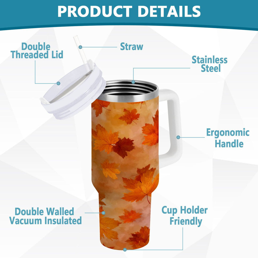 40 oz Insulated Stainless Steel Tumbler Double Wall Stainless Steel Tumbler with 2-Way Drinking Orange and Brown Autumn Leaves UQ94