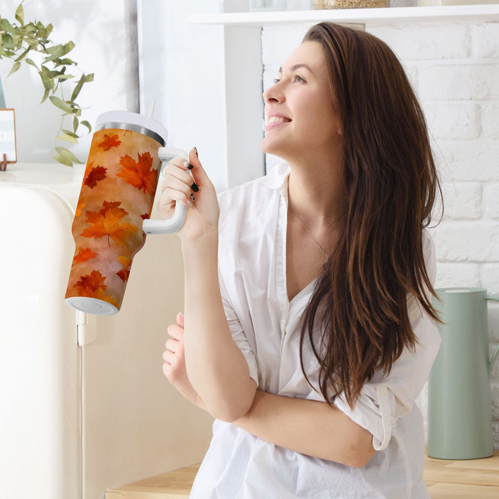 40 oz Insulated Stainless Steel Tumbler Double Wall Stainless Steel Tumbler with 2-Way Drinking Orange and Brown Autumn Leaves UQ94