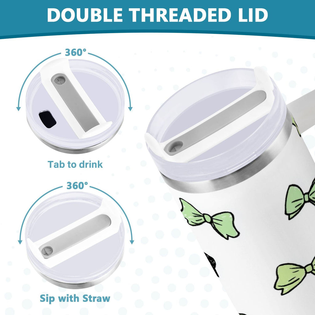 40 oz Insulated Stainless Steel Tumbler Double Wall Stainless Steel Tumbler with 2-Way Drinking Green and Black Bows YWII